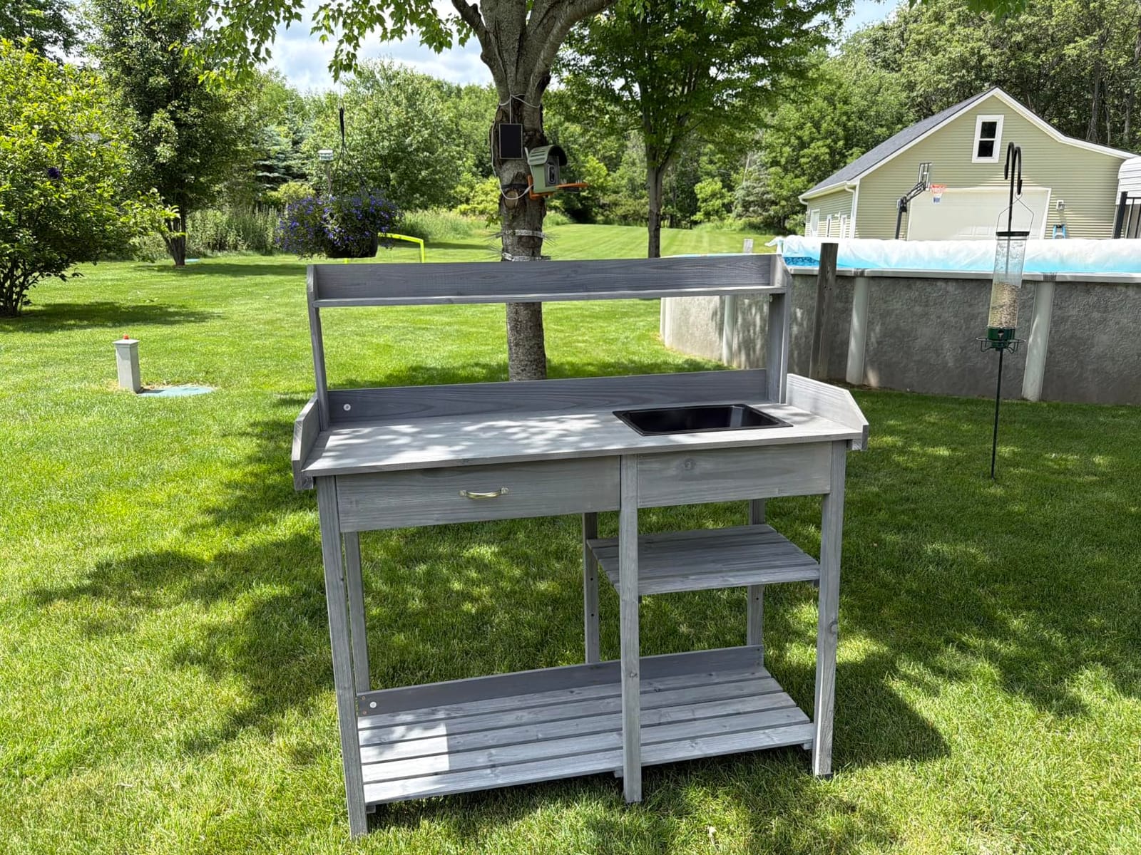 Yaheetech Potting Bench with Sink & Drawer, Outdoor Gardening Table, Gray | Fir wood planting table with 132 lb weight capacity, basin, storage drawer, shelves and hooks keeps pots and tools organized. customer photo 1