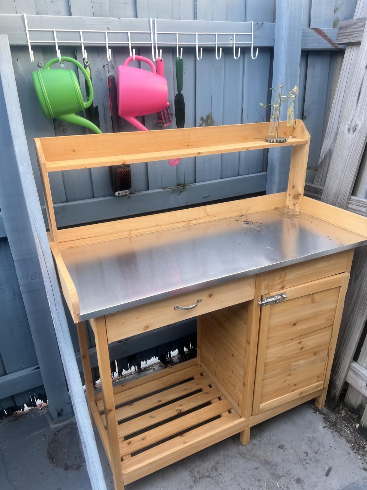 Yaheetech Potting Bench Outdoor Potting Table with Storage,Natural Wood | Outdoor potting bench with spacious metal tabletop keeps soil and water contained while providing a durable work surface for customer photo 1
