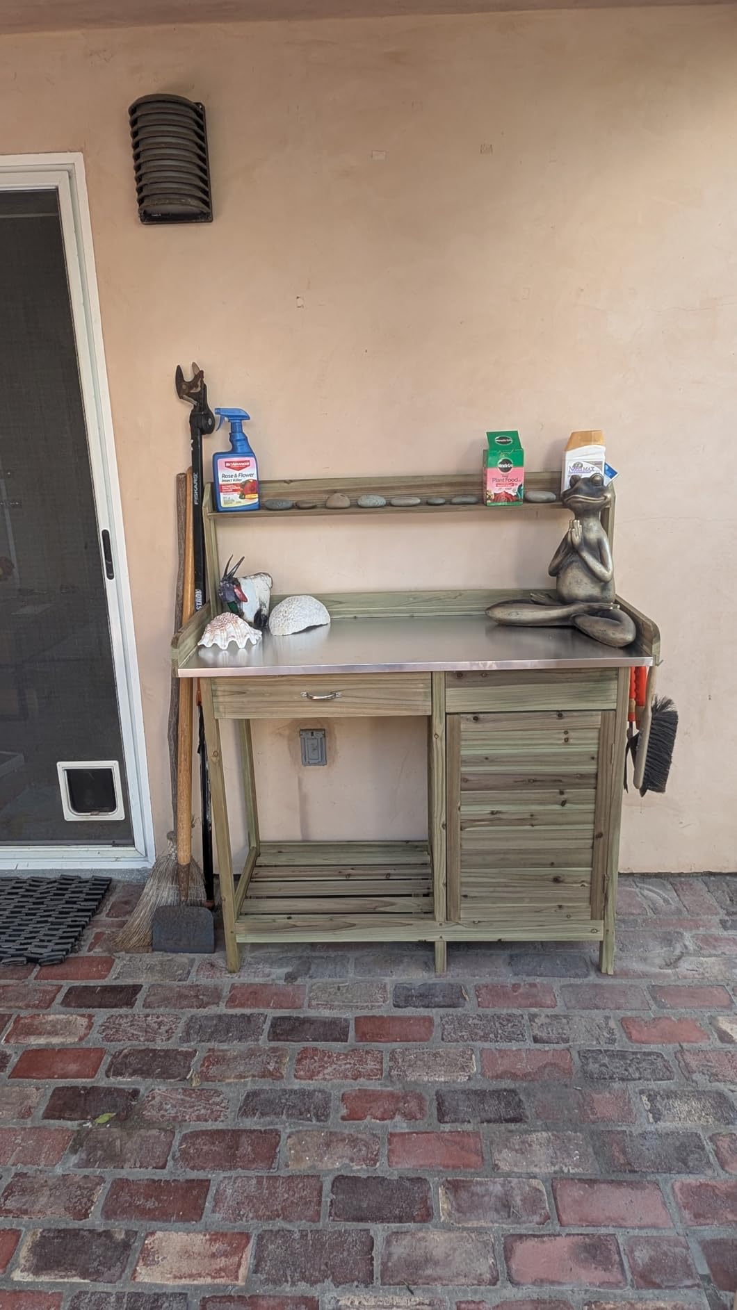 Yaheetech Potting Bench Outdoor Potting Table with Storage,Natural Wood | Outdoor potting bench with spacious metal tabletop keeps soil and water contained while providing a durable work surface for customer photo 2