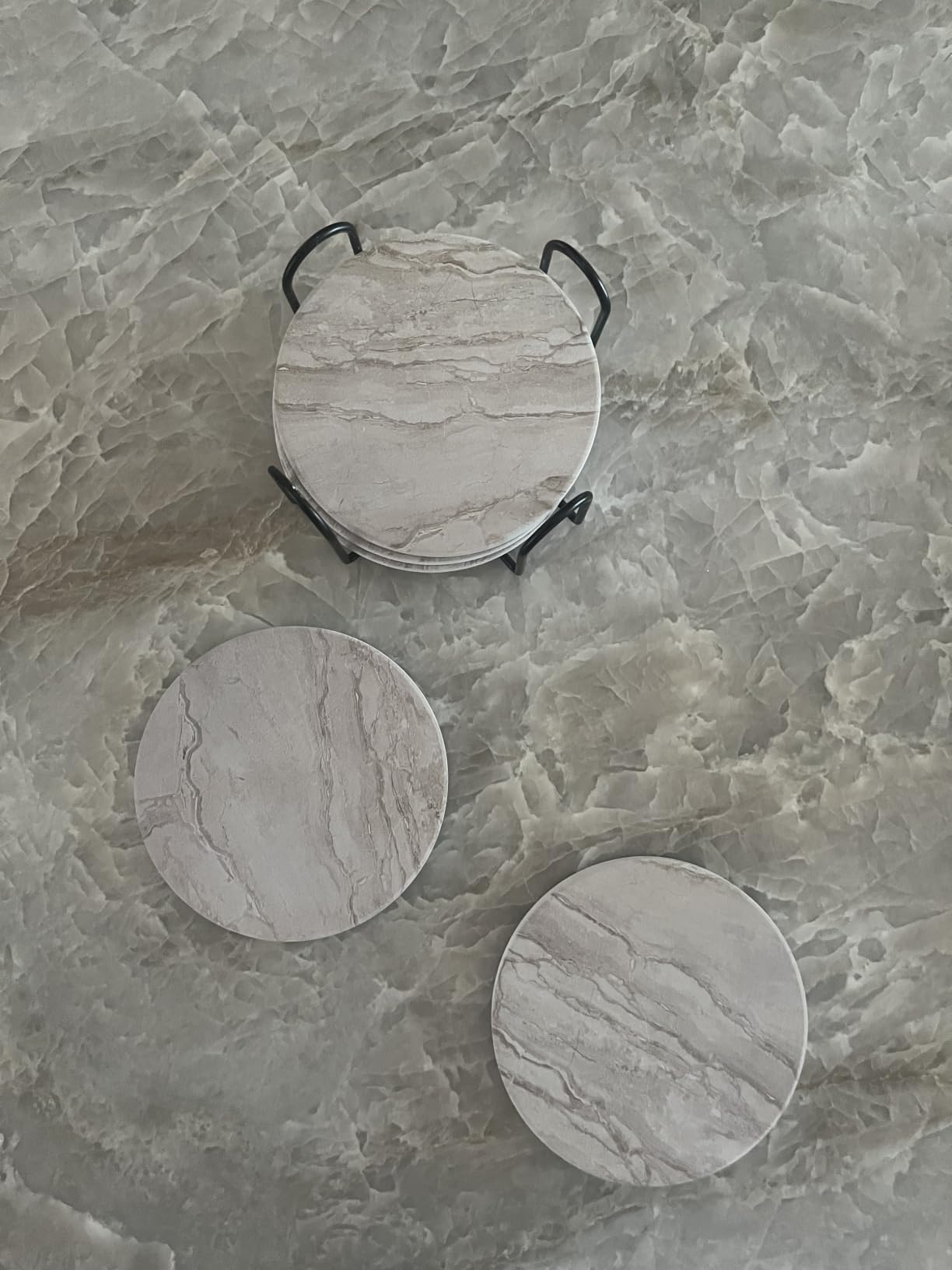 LIFVER Coasters Set of 6, Coasters for Drinks Absorbent Stone with Holder, Black Marble Style Ceramic Drink Coaster for Tabletop Protection, Coffee Table Decor Ideal for Home Decor House Warming Gifts customer photo 1