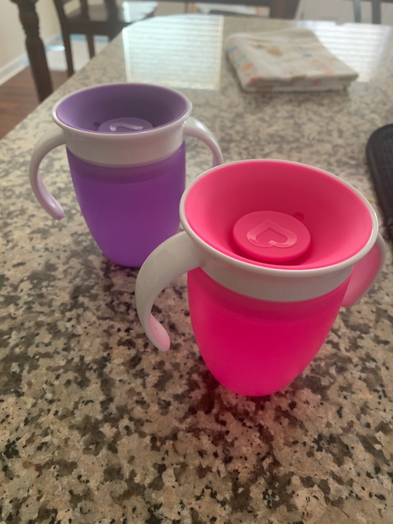 Munchkin Miracle 360 Sippy Cup for 6 Month Old, Spill Proof Baby and Toddler Cups with Transition Handles, 7 Ounce, 2 Pack, Pink/Purple customer photo 2