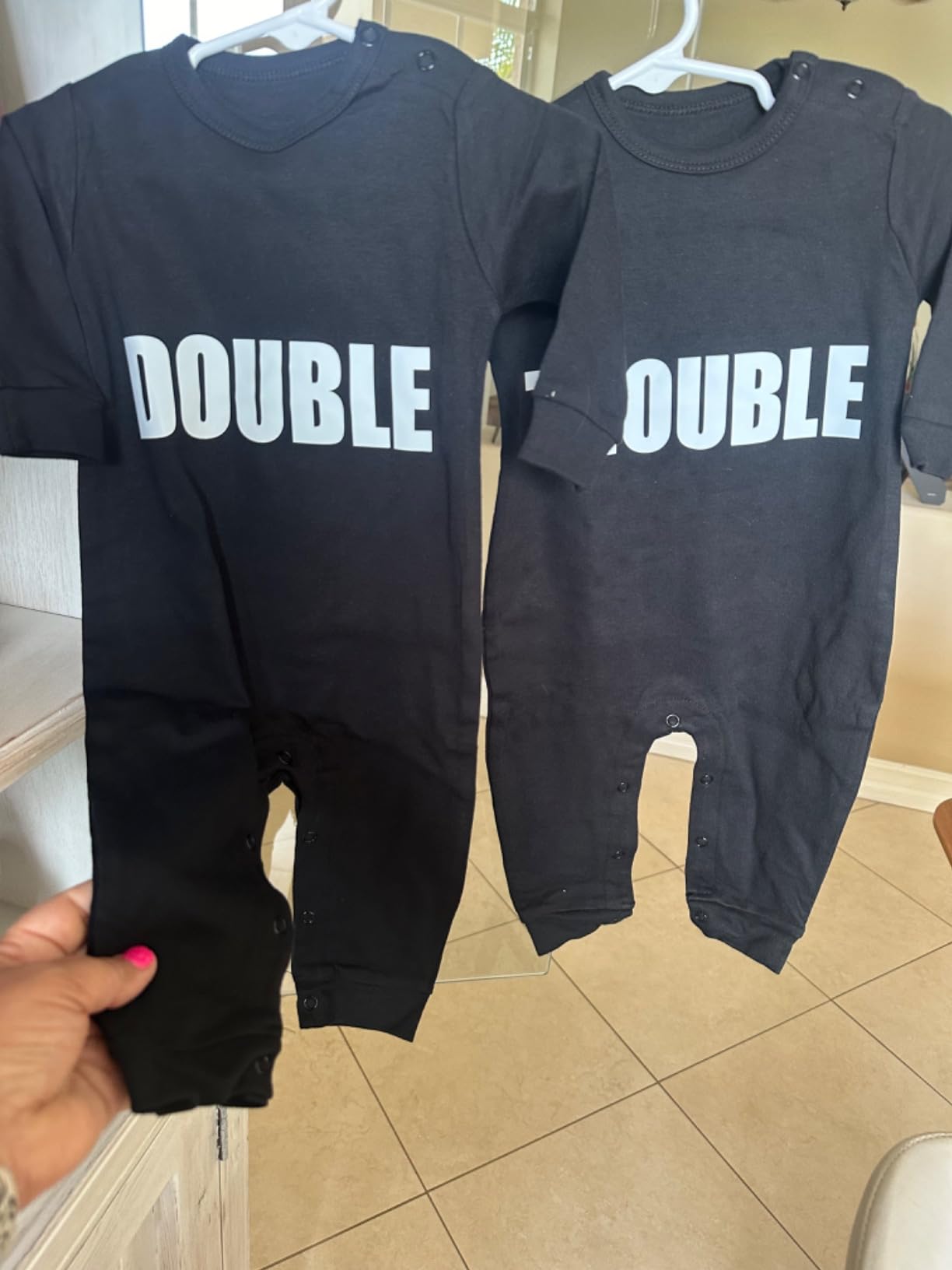 YSCULBUTOL Baby Twins Bodysuits Funny Double Trouble Cute Girl Romper Twin Jumpsuits Hat Set customer photo 1