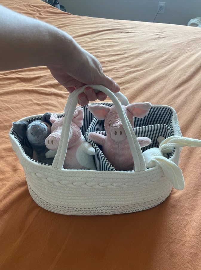 luxury little Diaper Caddy Organizer, Large Cotton Rope Nursery Baby Basket, Changing Table Organizer for Baby Diaper Storage, Portable Car Organizer Removable Divider (Off White, Large) customer photo 1