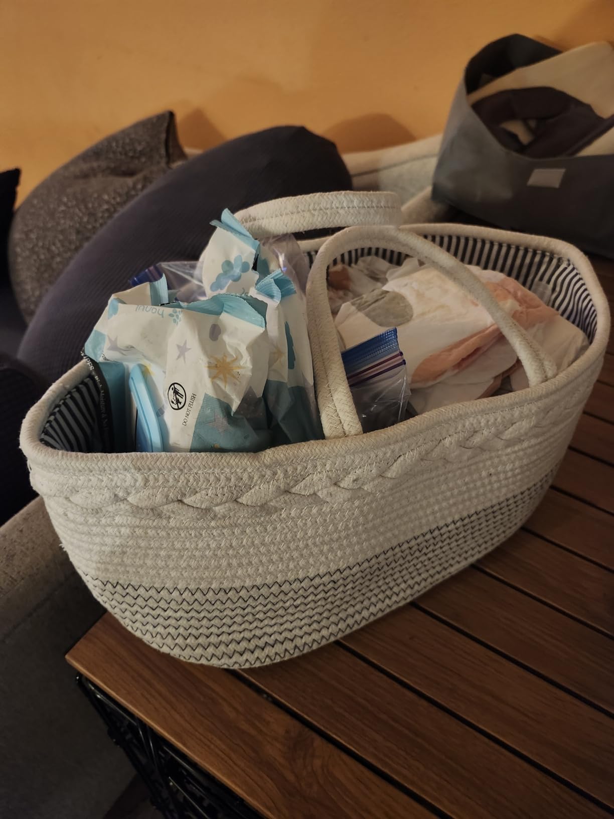 luxury little Diaper Caddy Organizer, Large Cotton Rope Nursery Baby Basket, Changing Table Organizer for Baby Diaper Storage, Portable Car Organizer Removable Divider (Off White, Large) customer photo 2