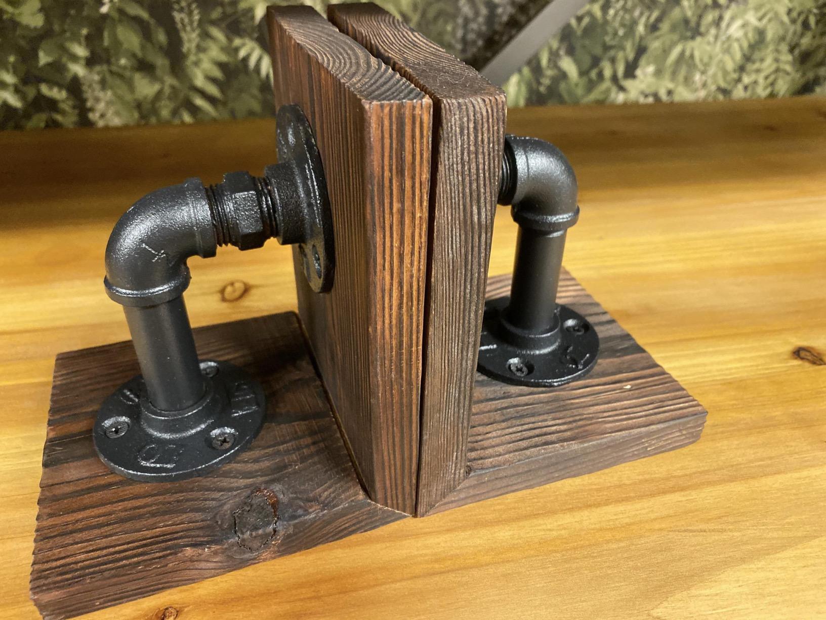 MyGift Burnt Wood Bookends with Metal Industrial Pipe Design, 2 Piece Set customer photo 1