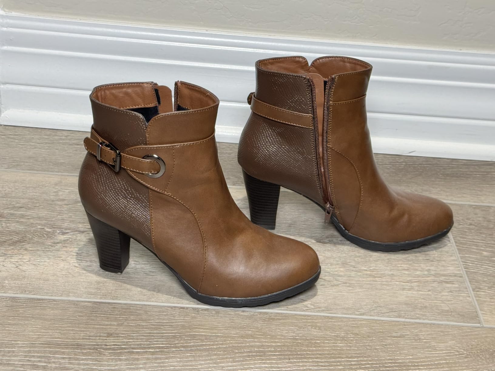 mysoft Women's Chunky Stacked Heel Ankle Boots Zipper Buckle Booties customer photo 1