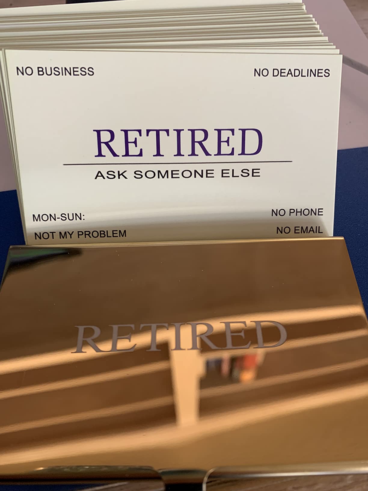 RXBC2011 Retired Business Cards Funny Retirement Gift (Pack of 50/With Gold Mirror Stainless Steel Case) For Retired Men Women Coworkers Employees Boss Friend Colleague customer photo 1