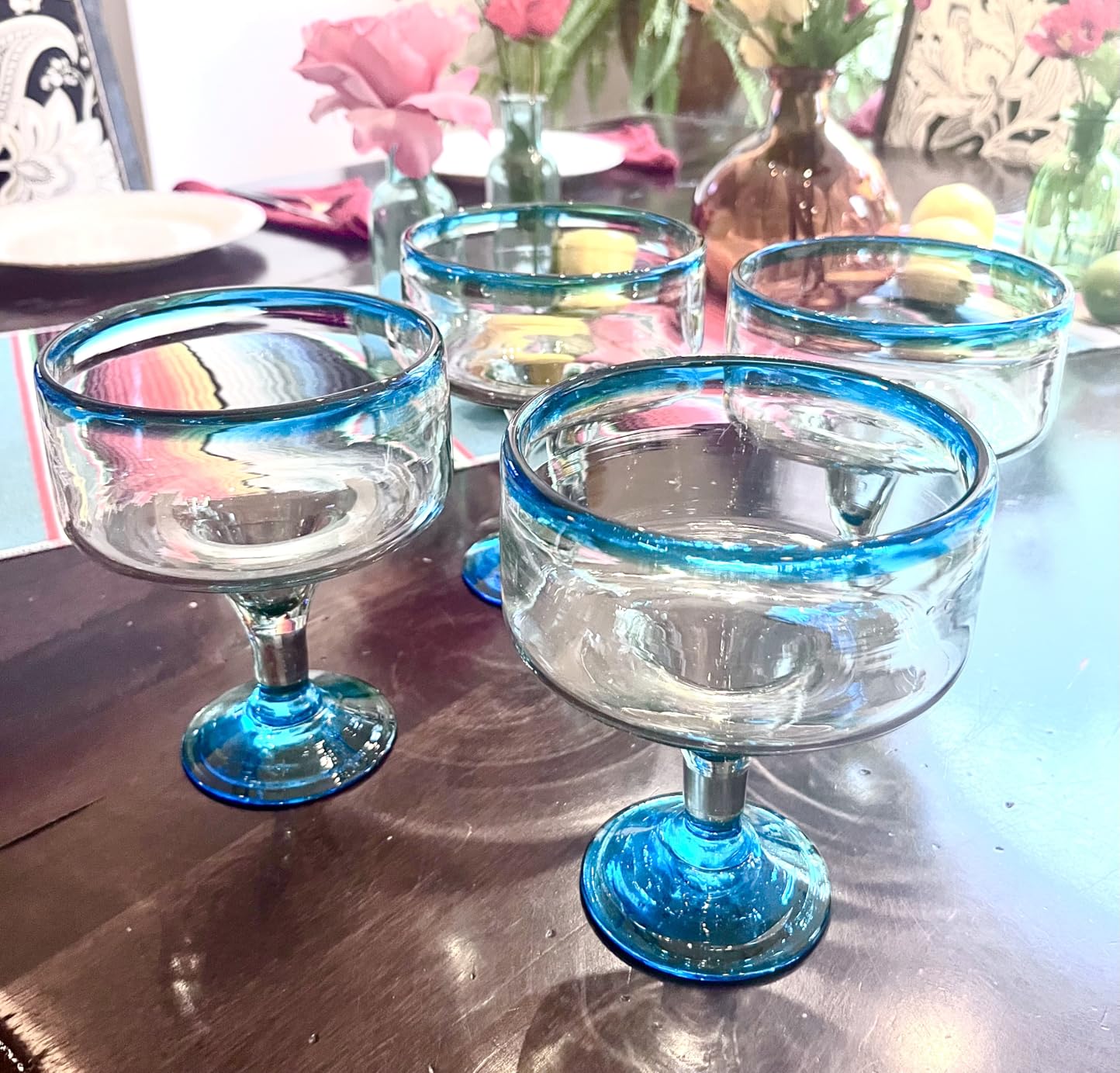 Mexican Hand Blown Glass – Set of 4 Hand Blown Margarita Glasses (16 oz) with Aqua Blue Rims customer photo 1