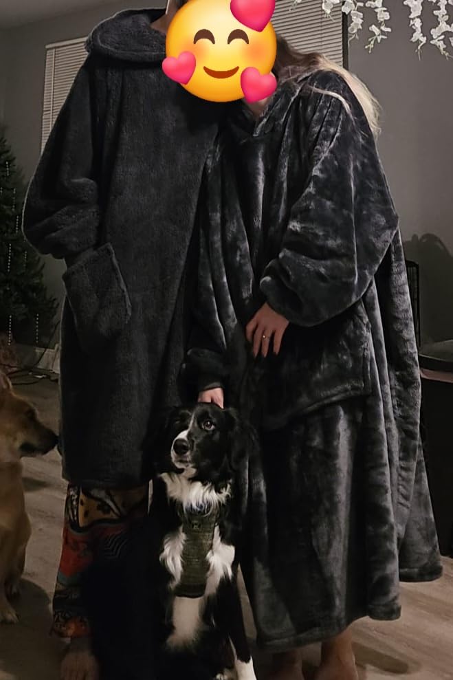 Waitu Wearable Blanket Sweatshirt Gifts for Women and Men, Warm and Cozy Giant Blanket Hoodie, Thick Flannel Hooded Blanket with Sleeves and Giant Pocket - Dark Gray customer photo 2
