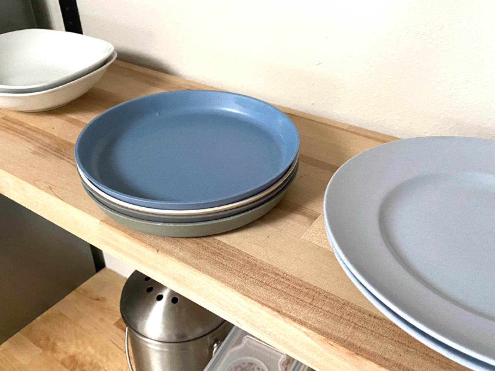 WeeSprout Bamboo Plates, Set of 4, Kid-Sized Dinnerware, Dishwasher Safe Melamine Dishware (Pink, Green, Gray, & Beige, Without Lids) customer photo 1