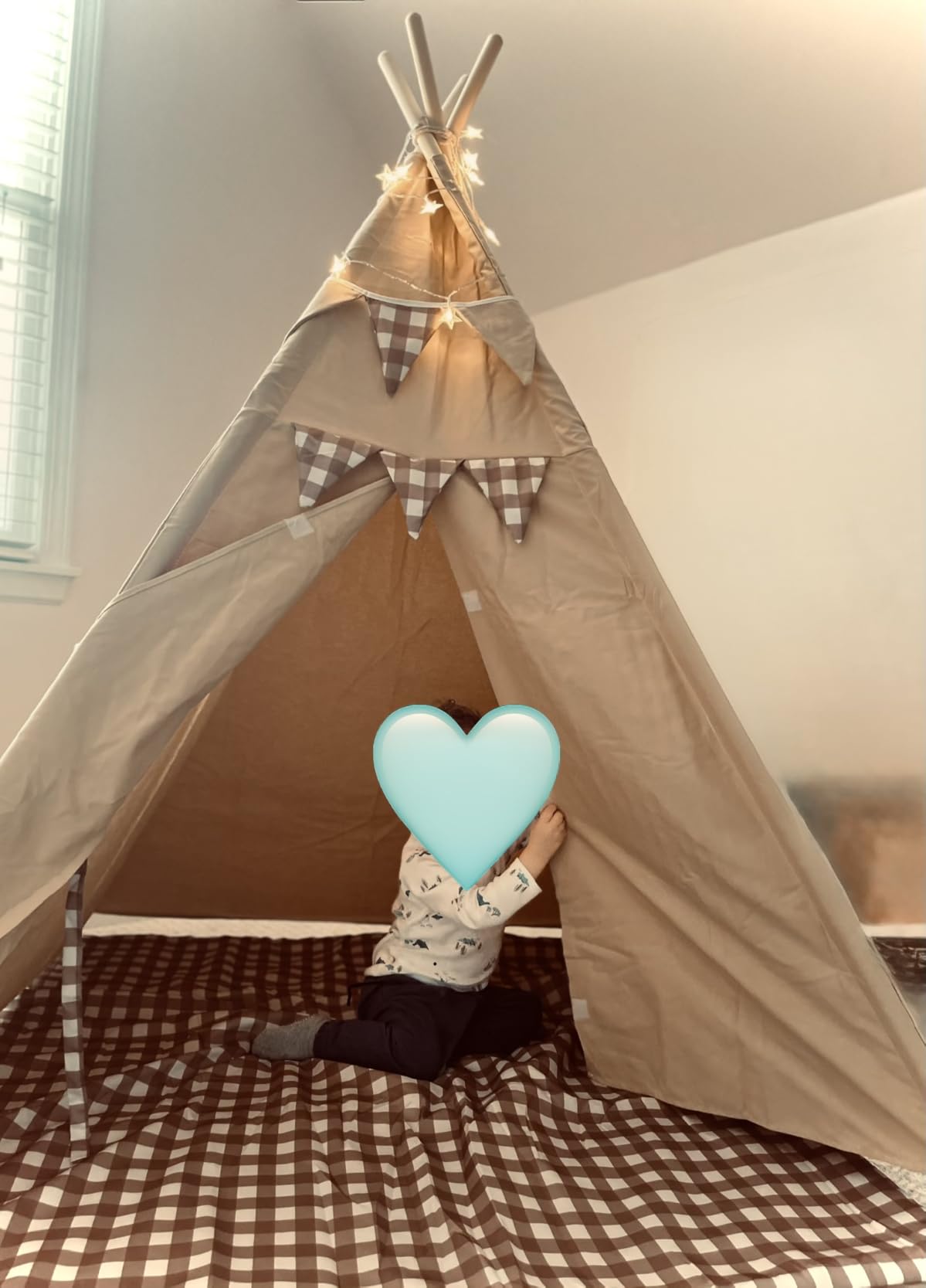Teepee Tent for Kids Stripe Padded Mat Foldable Dark Tone Grey Play Tents for Girl and Boy with Carry Case Wooden Pole Printing Canvas Tepee Playhouse for Child Indoor Outdoor customer photo 1