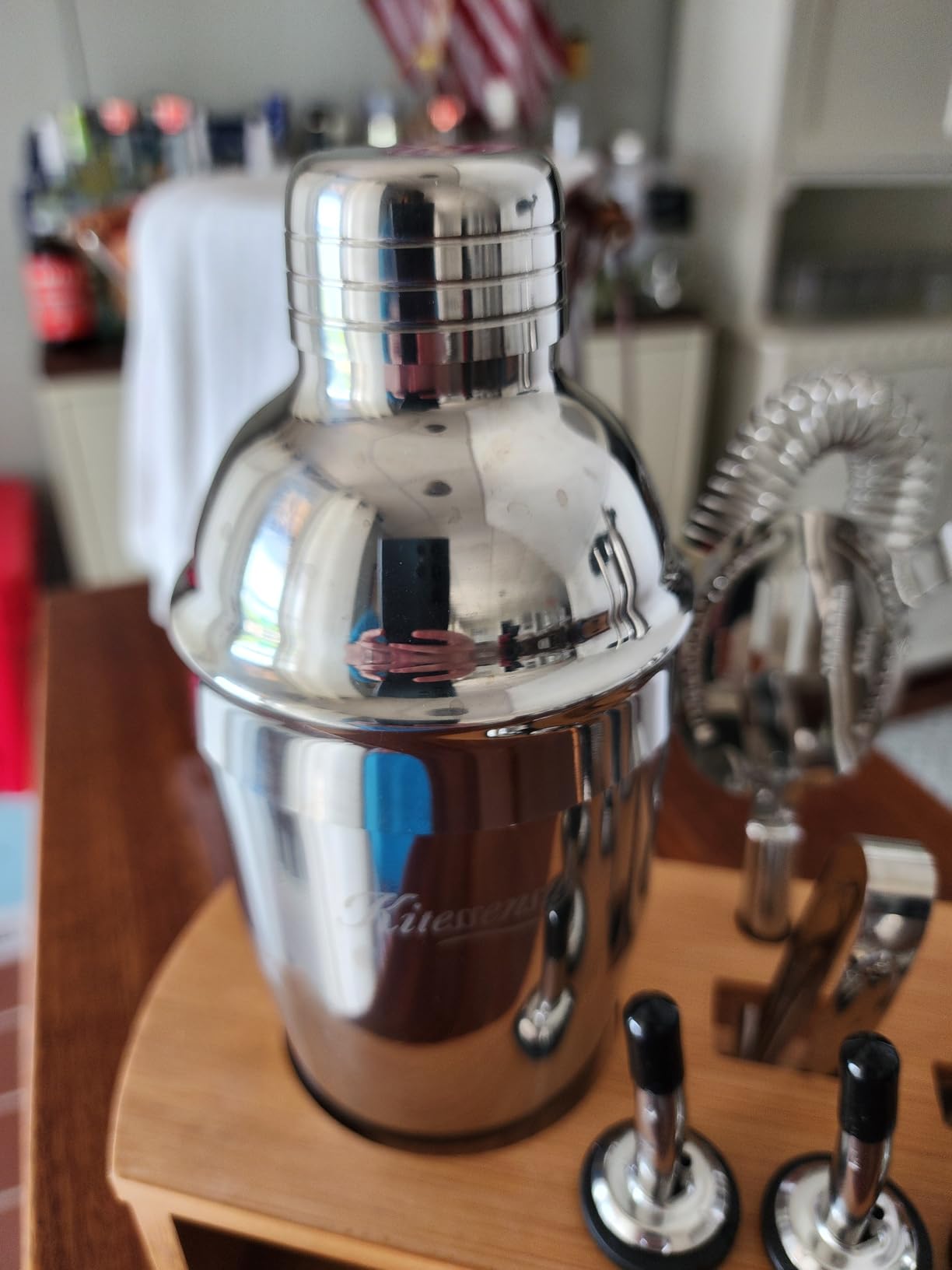 KITESSENSU Cocktail Shaker Set Bartender Kit with Stand | Bar Set Drink Mixer Set with All Essential Accessory Tools: Martini Shaker, Jigger, Strainer, Mixer Spoon, Muddler, Liquor Pourers |Silver customer photo 1