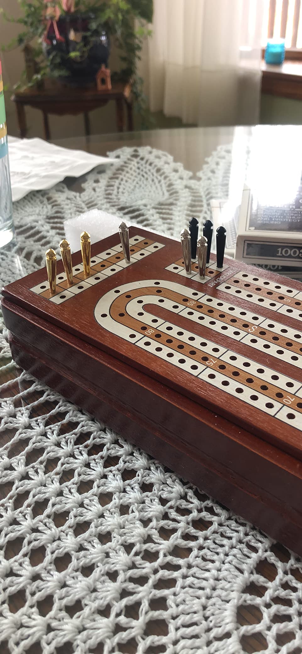 Juegoal Upgrade Wood Cribbage Board Game Set, Solid Wooden Continuous 3 Track Board with Larger Storage Area, 9 Metal Pegs and 2 Decks of Playing Cards, Travel Portable Cribbage Game Sets customer photo 2