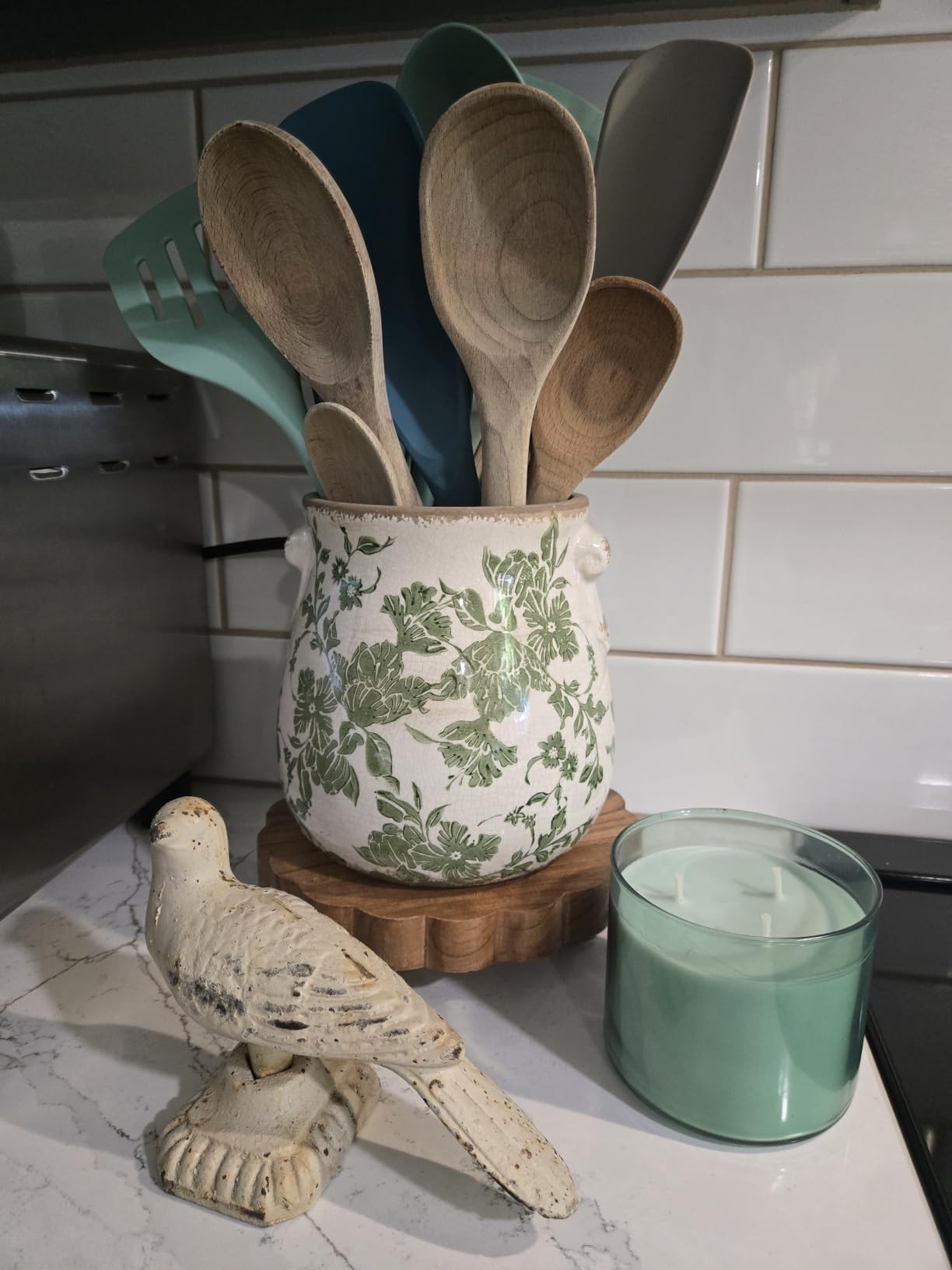 Nearly Natural 6.5 in Tuscan Ceramic Green Floral Scroll Decorative Vase customer photo 2