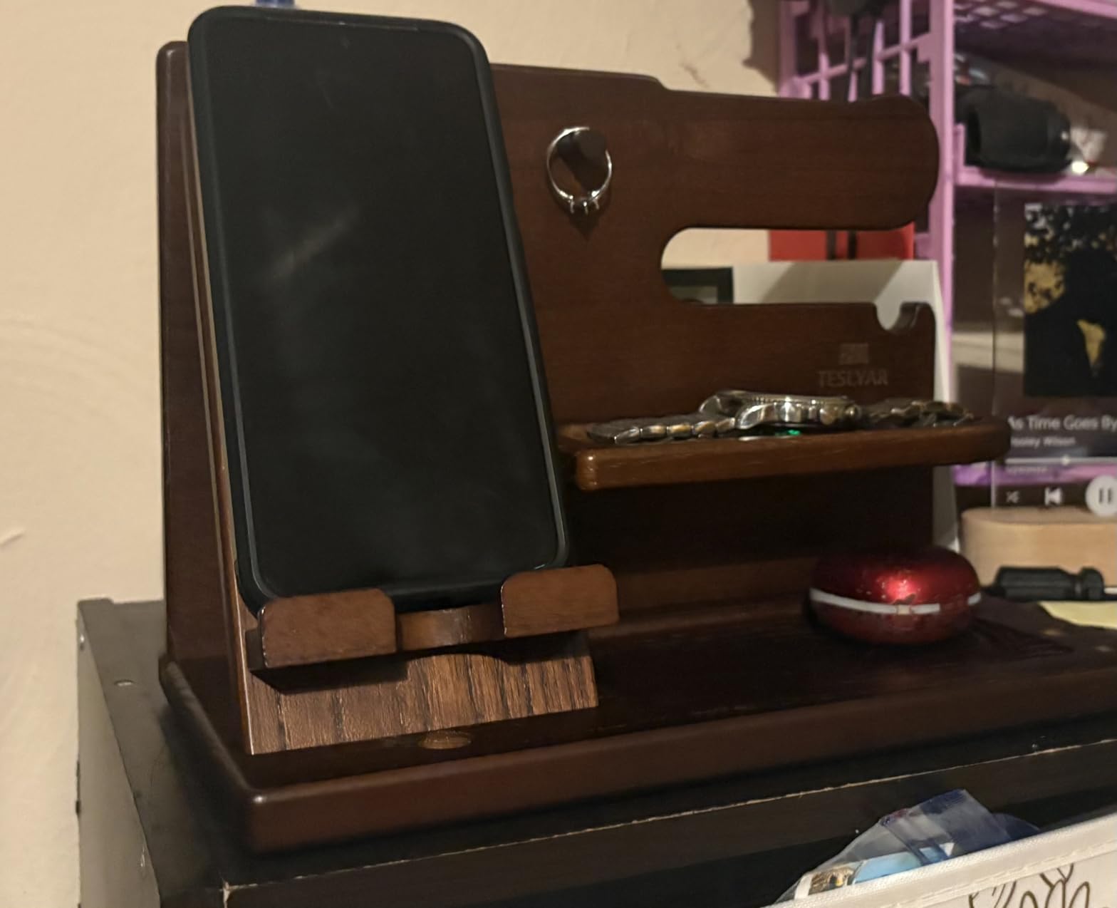 TESLYAR Wood Phone Docking Station for Men - Desk or Nightstand Organizer - Birthday Gifts for Husband, Dad - Anniversary Idea from Wife - Key Holder, Stand Wallet, Watch & Essentials (Bourbon Brown) customer photo 2