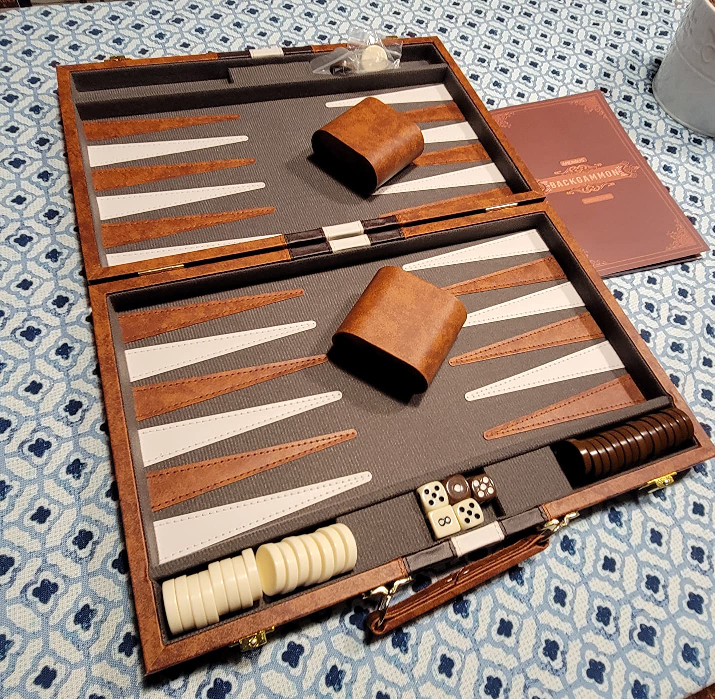 AMEROUS Backgammon Set, 15 Inches Classic Board Game with Leather Case, Folding Board, Gift Package, Portable Travel Strategy Backgammon Game Set for Adults, Kids (Medium, Brown) customer photo 1