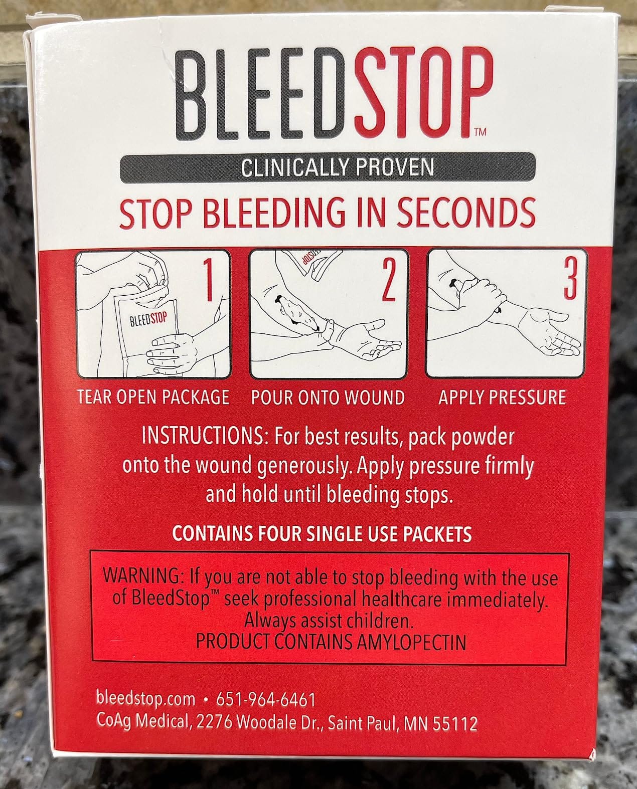 BleedStop™ First Aid Powder for Blood Clotting, Trauma Kit, Blood Thinner Patients, Camping Safety, and Survival Equipment for Moderate to Severe Bleeding Wounds or Nosebleeds - 4 (15g) Pouches customer photo 2