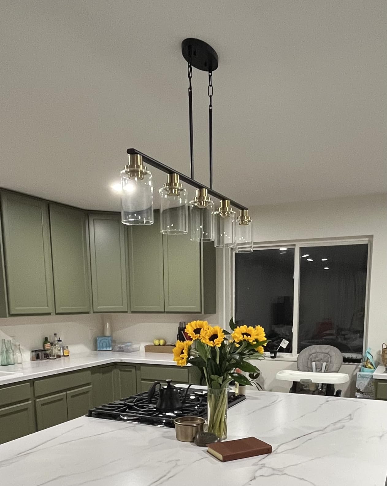 Island Lights for Kitchen, 4-Light Farmhouse Dining Room Light Fixtures Over Table, Matte Black and Gold Linear Chandeliers for Dining Room，Industrial Pendant Lighting with Clear Glass Shade customer photo 1