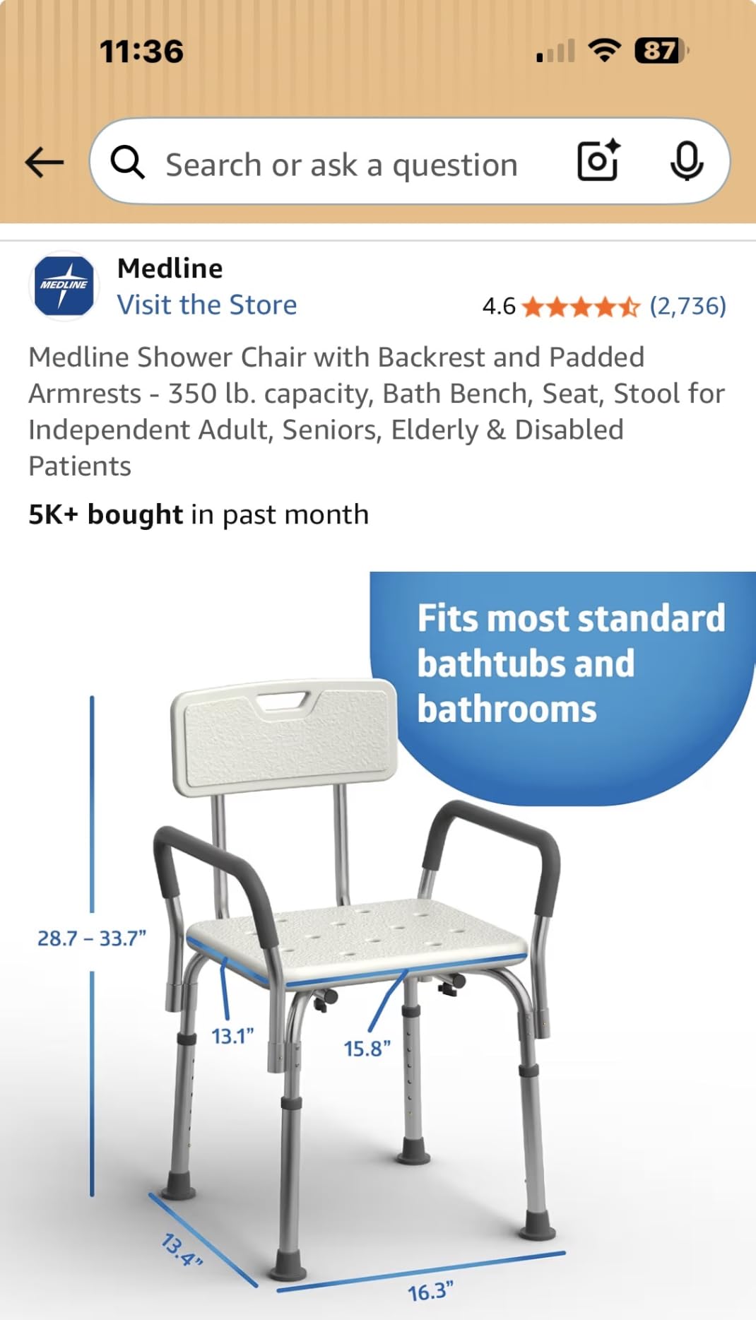 Medline Shower Chair with Backrest and Padded Armrests - 350 lb. capacity, Bath Bench, Seat, Stool for Independent Adult, Seniors, Elderly & Disabled Patients customer photo 2
