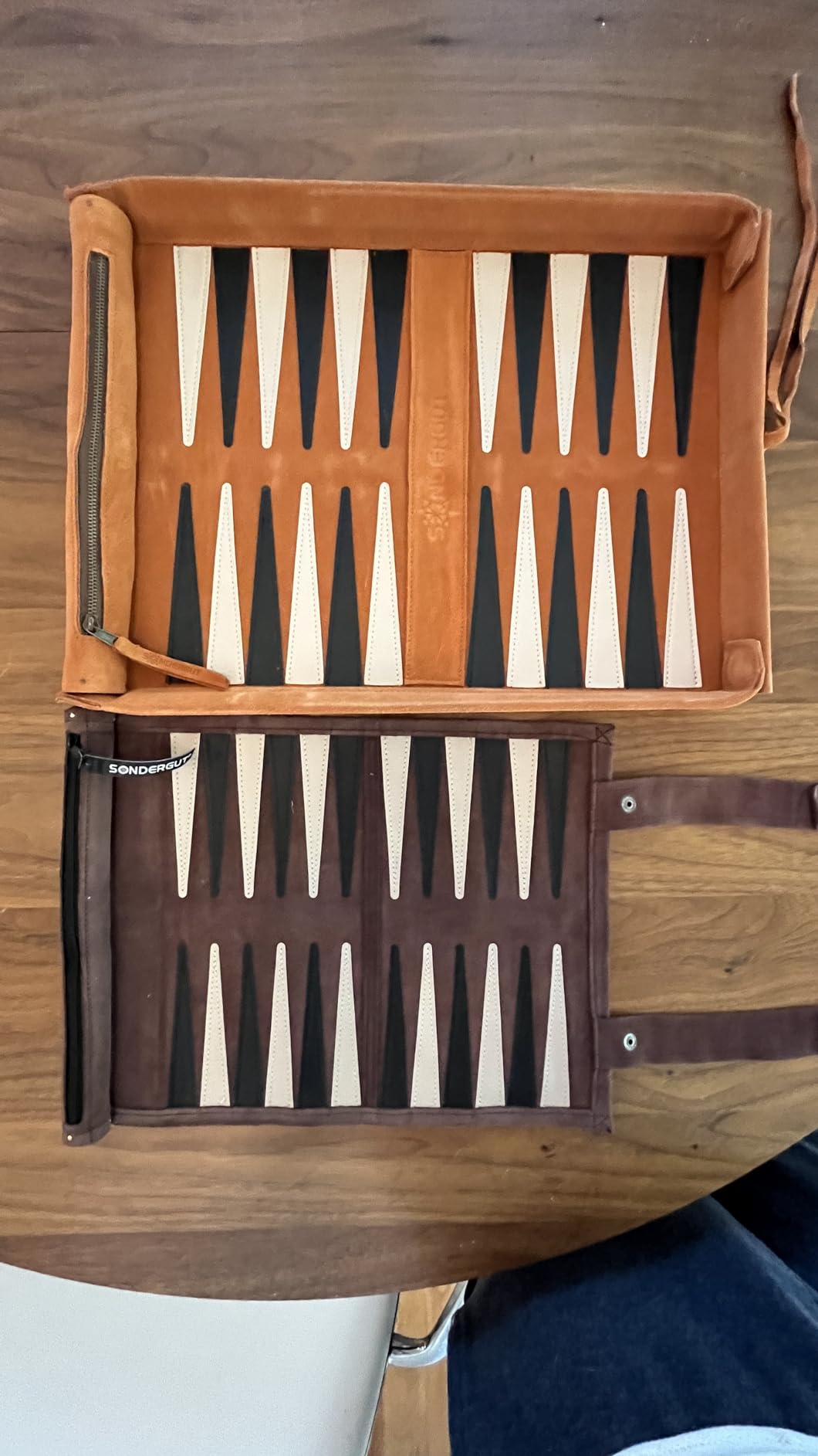 Sondergut Roll-up Portable Leather Suede Backgammon Game Set - for Adults & Children - Ideal for RV Travel, Cruise, Airplane, Camping, Backpacking, Road Trips, Etc. Multiple Colors (Mocha) customer photo 1