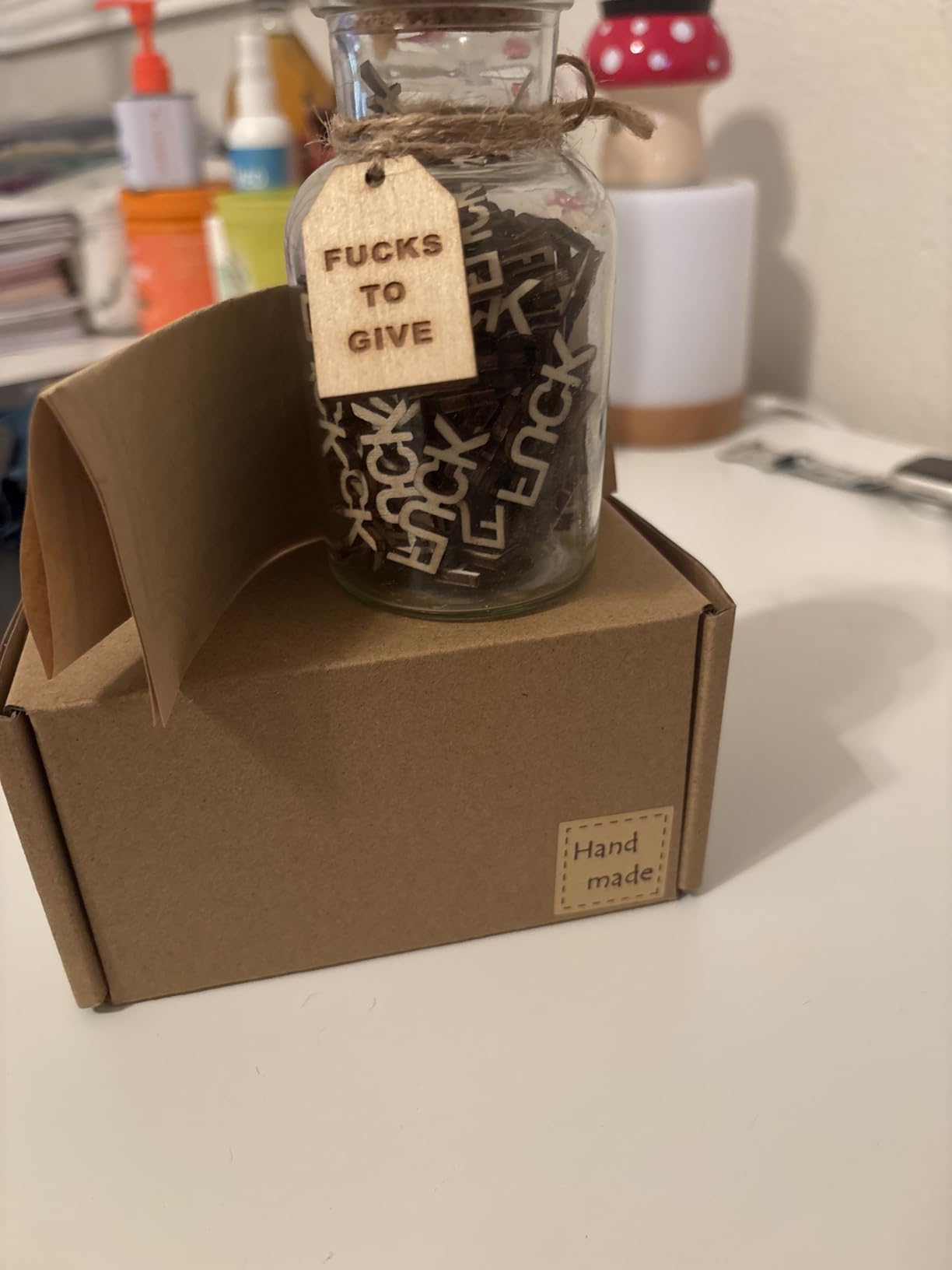 KUMLENMO fuck jar（5oz） Gift Jar,Fucks to Give,Fuck Wooden Cutout Letter Piece Bad Mood Vent Spoof Birthday Day,Holiday, Thanksgiving Christmas Gifts to Friend,Gag Funny Gift customer photo 1