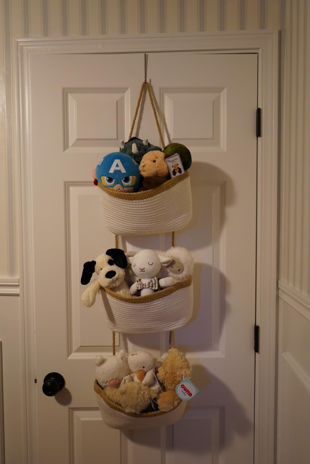 TeoKJ Over the Door Hanging Basket, 3-Tier Woven Cotton Wall-Mounted Storage Organizer Bag Decorative Hanging Nursery Baskets, Jute customer photo 1