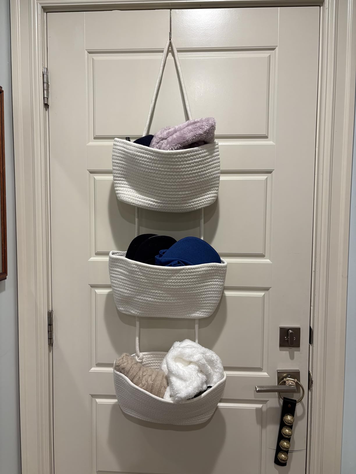 TeoKJ Over the Door Hanging Basket, 3-Tier Woven Cotton Wall-Mounted Storage Organizer Bag Decorative Hanging Nursery Baskets, Jute customer photo 2