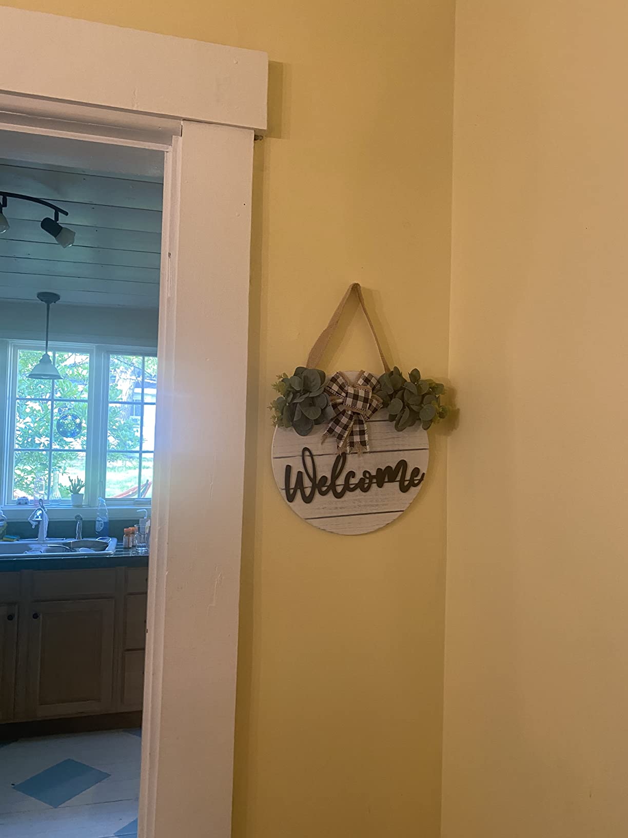 3D Welcome Wreaths for Front Door | White Horizontal Concave Stripes Wooden Farmhouse Welcome Sign for Home Wall Decor customer photo 2