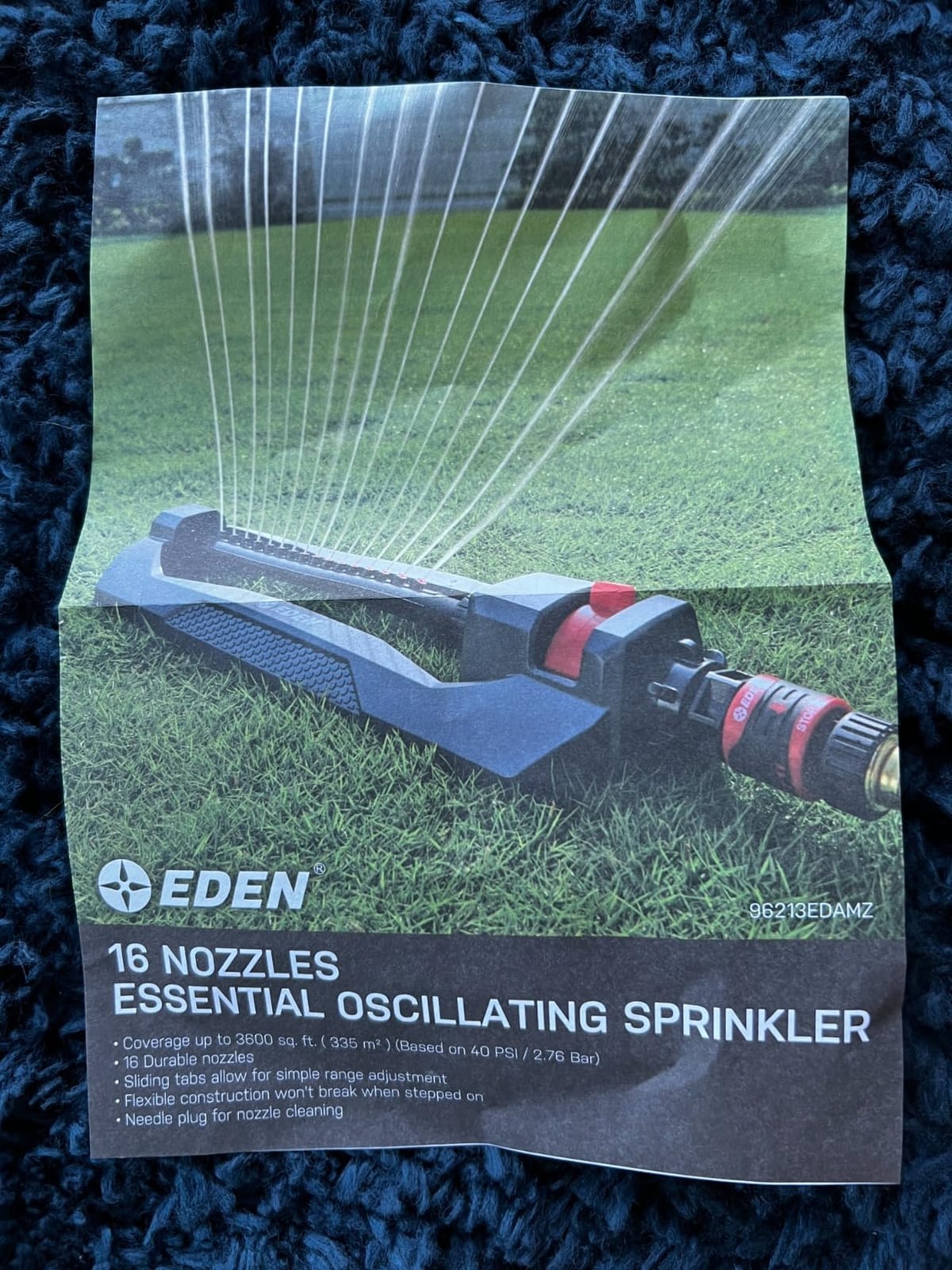 Eden 96213 Weighted Essential Oscillating Sprinkler | Covers Up to 3,600 sq. ft., 16 Precision Nozzles, Adjustable Range, Turbo Drive Motor, Quick Connect Bundle, Stainless Steel Filters, Black customer photo 1