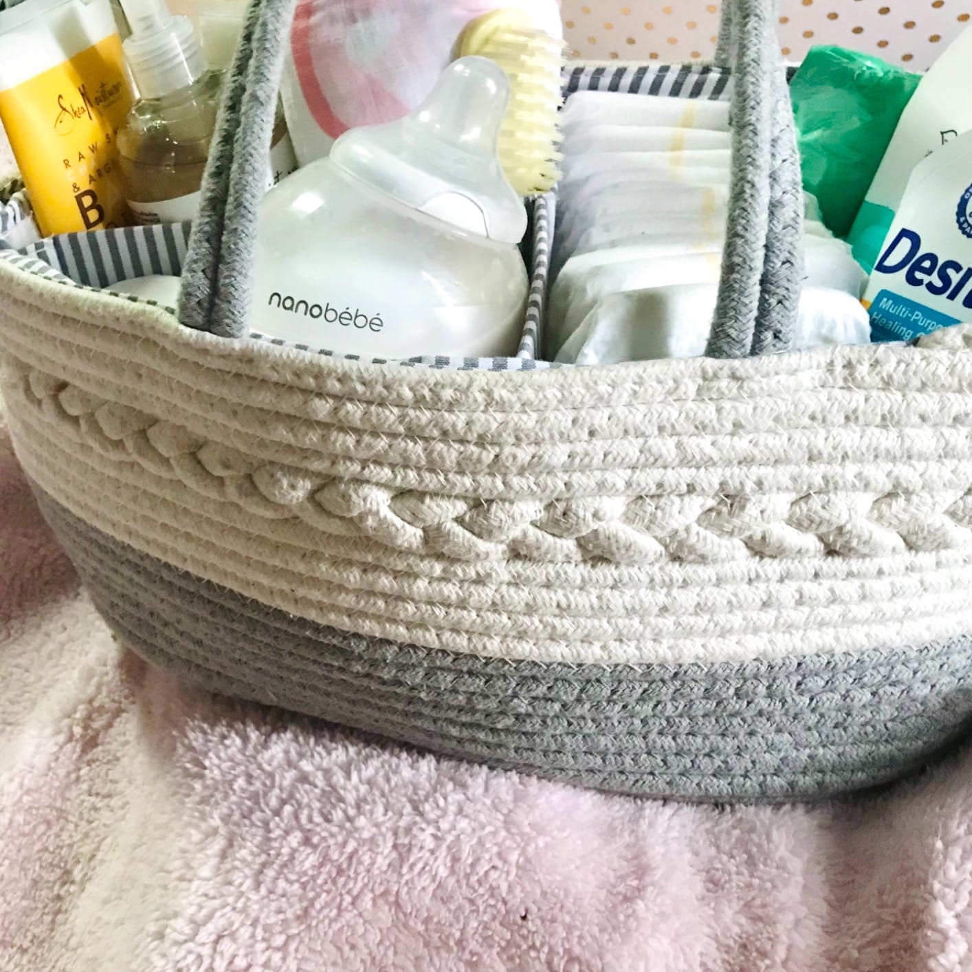 KiddyCare Woven Diaper Caddy Organizer, Large Gray Multi Functional Portable Baby Basket with Handle, Baby Gift for Boy/Girl Nursery Storage, Organization, and Modern Car Diaper Caddy Natural Large customer photo 1
