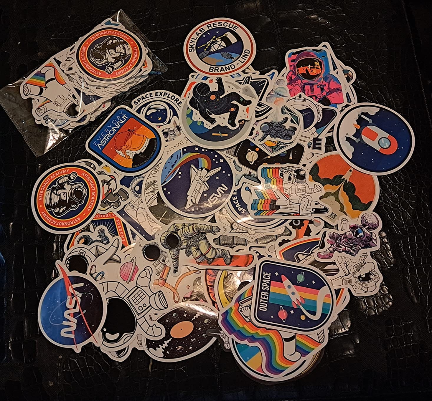 100pcs Space Stickers Pack for Water Bottles, NASA Logo Astronaut Vinyl Sticker for Hydroflask Helmet Laptop Skateboard, Waterproof Decals Gifts for Kids Teens Boys Adults customer photo 2