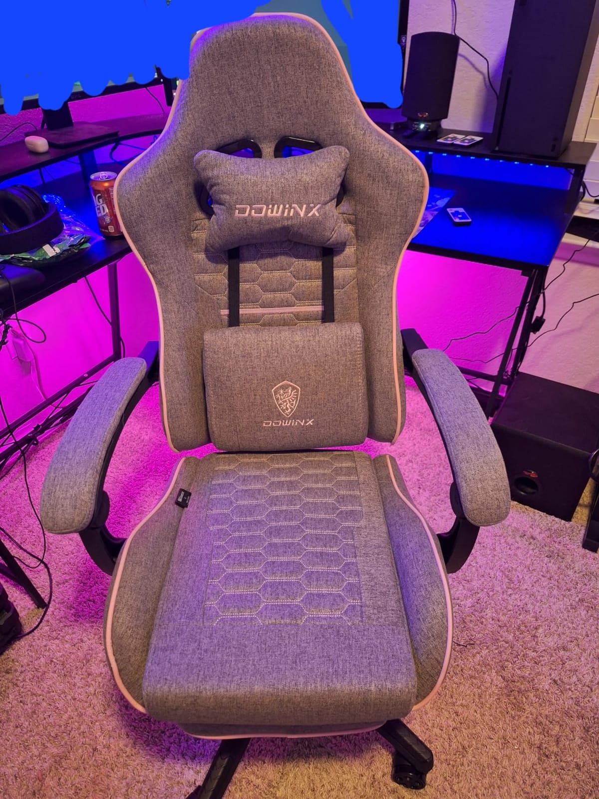 Dowinx Gaming Chair Fabric with Pocket Spring Cushion, Massage Game Chair Cloth with Headrest, Ergonomic Computer Chair with Footrest 290LBS, Black and Grey customer photo 1