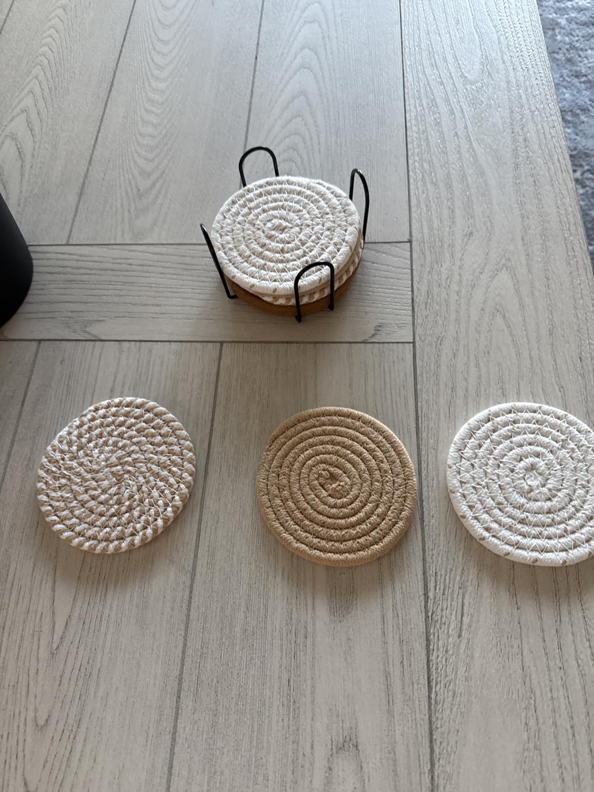 Mckanti 8 Pcs Drink Coasters with Holder, 4 Colors Absorbent Coasters, Minimalist Cotton Woven Coaster Set for Living Room Decor, Tabletop Protection Suitable for Kinds of Cups, 4.3 Inches customer photo 1