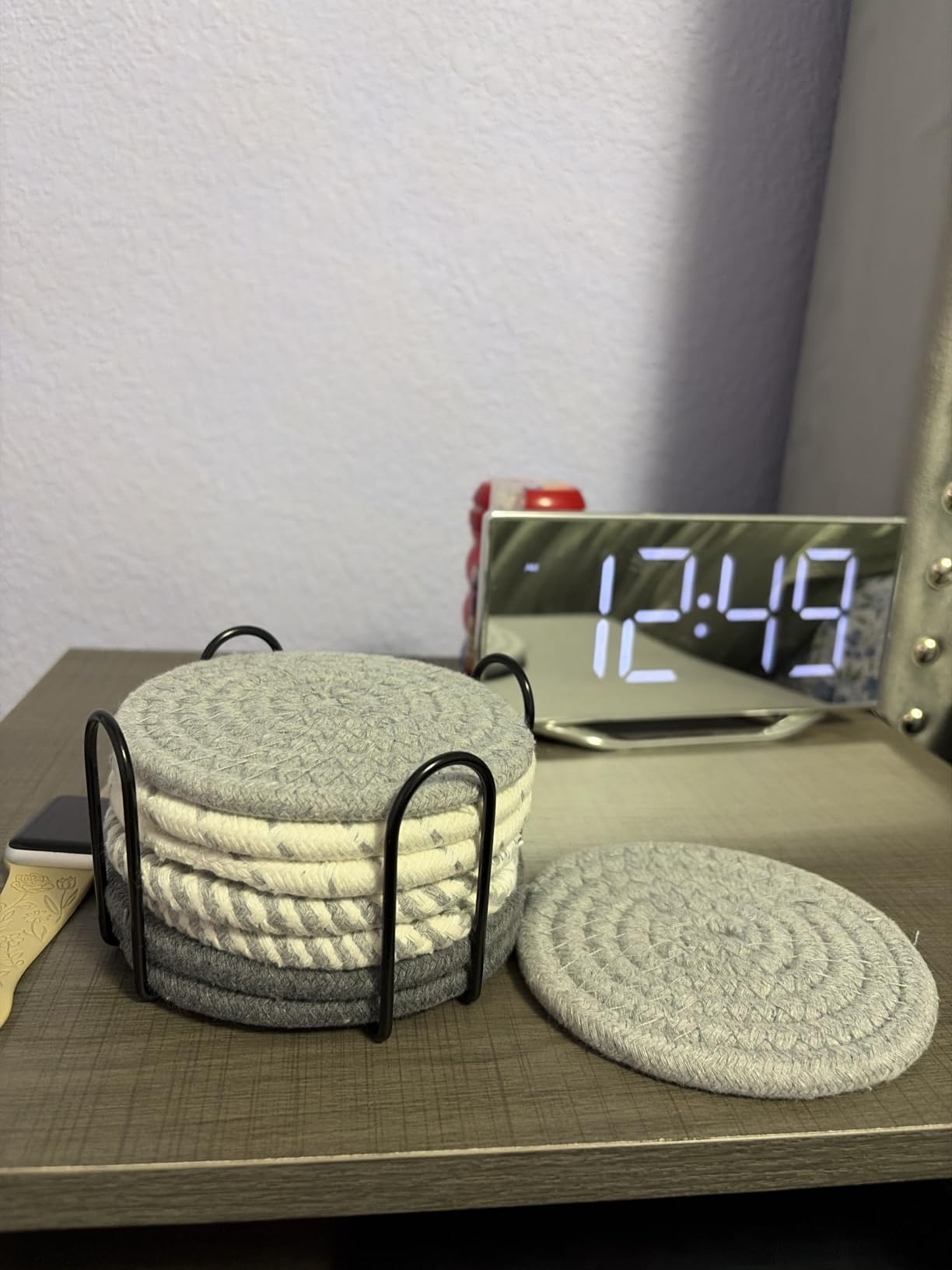 Mckanti 8 Pcs Drink Coasters with Holder, 4 Colors Absorbent Coasters, Minimalist Cotton Woven Coaster Set for Living Room Decor, Tabletop Protection Suitable for Kinds of Cups, 4.3 Inches customer photo 2