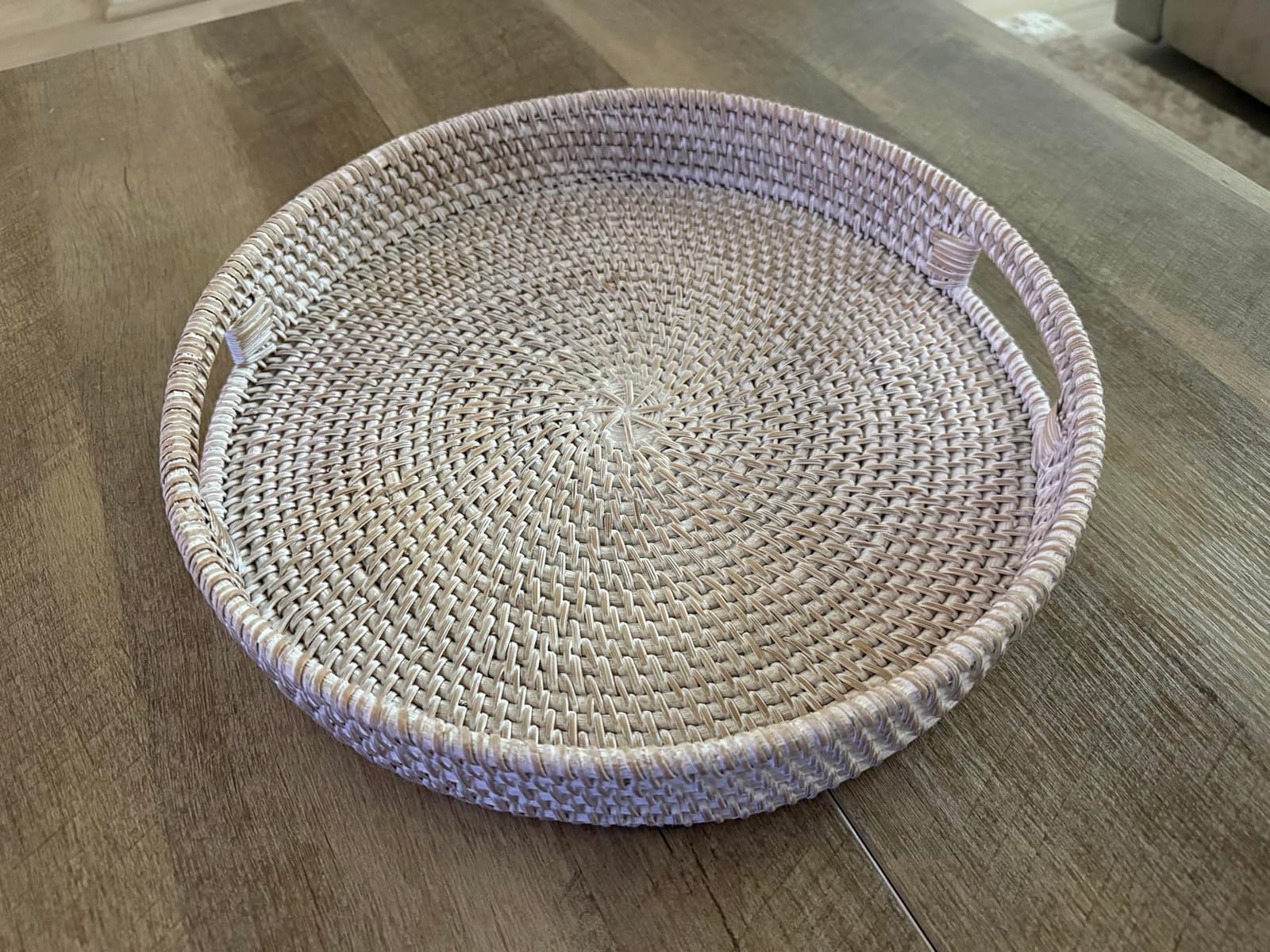 Coffee Table Tray Round Rattan Ottoman Tray Woven Serving Trays with Handles for Home and Kitchen Decorative White (Large 14 inch x 2.4 inch) customer photo 2
