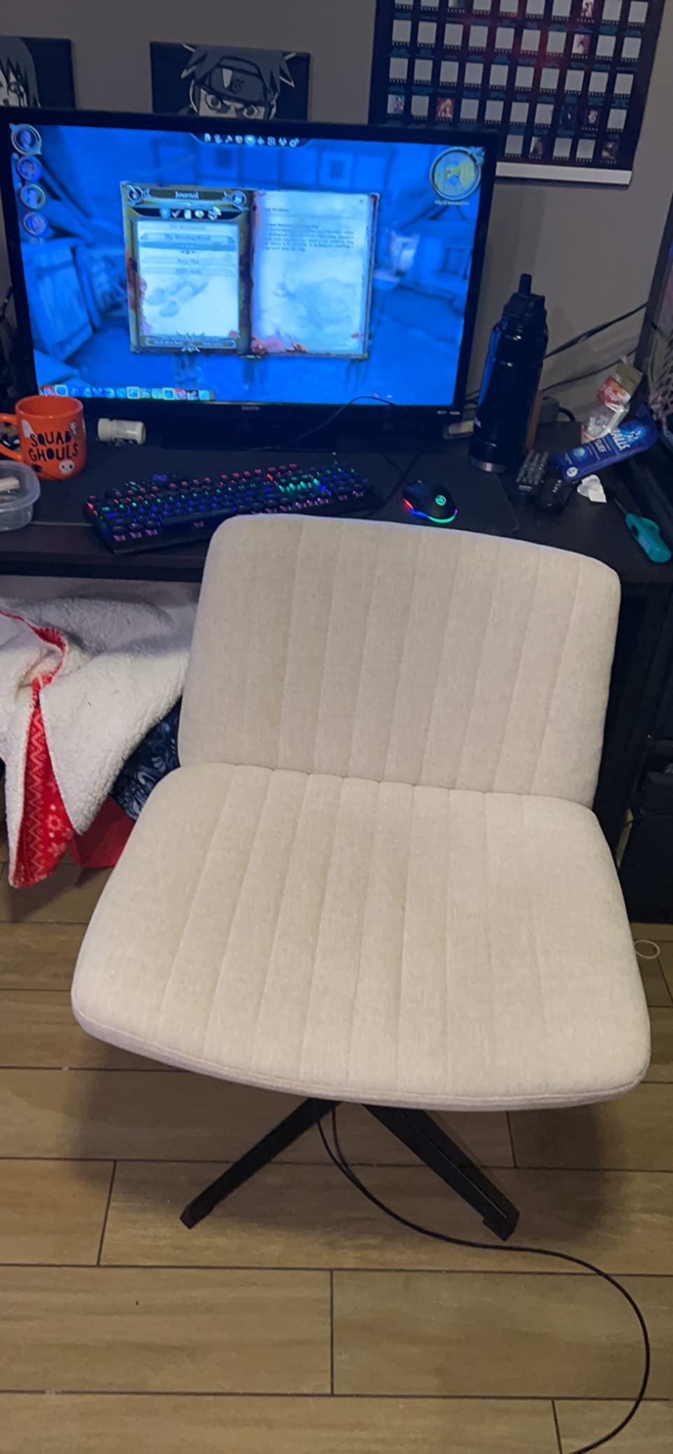 PUKAMI Criss Cross Chair,Comfy Cross Legged Office Desk Chair No Wheels,Modern Fabric Swivel Adjustable Height Mid Back Wide Seat for Home Office Computer (Beige) customer photo 1