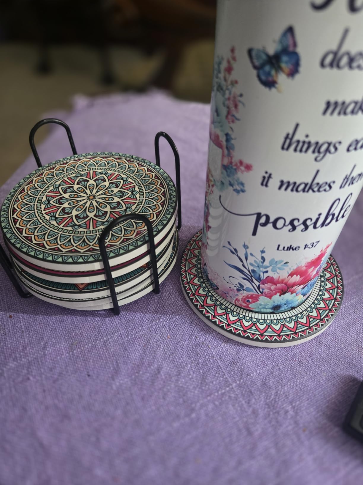 Mandala Drink Coasters with Holder - 8 Set Ceramic Boho Coaster for Drinks Absorbent with Cork Base and Black Holder - Coasters for Coffee Table Apartment Wooden Bar Mugs Glasses Cup Beer customer photo 2
