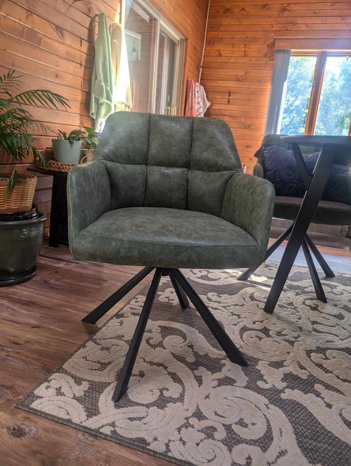 EALSON Comfy Leather Desk Chair Modern Computer Task Chair no Wheels Swivel Accent Chair with Mid Back Arm Chair for Living Room/Bedroom/Home Office, PU Brown customer photo 1