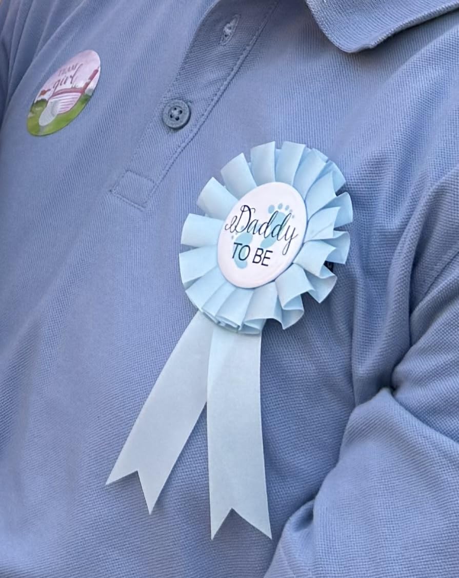 2 Pieces Daddy and Mommy To Be Tinplate Badge Pin, Celebration Gender Reveal Party Favor New Dad Mom Gifts Rosette Buttons with Ribbon Baby Shower Decorations (Pink + Blue) customer photo 2