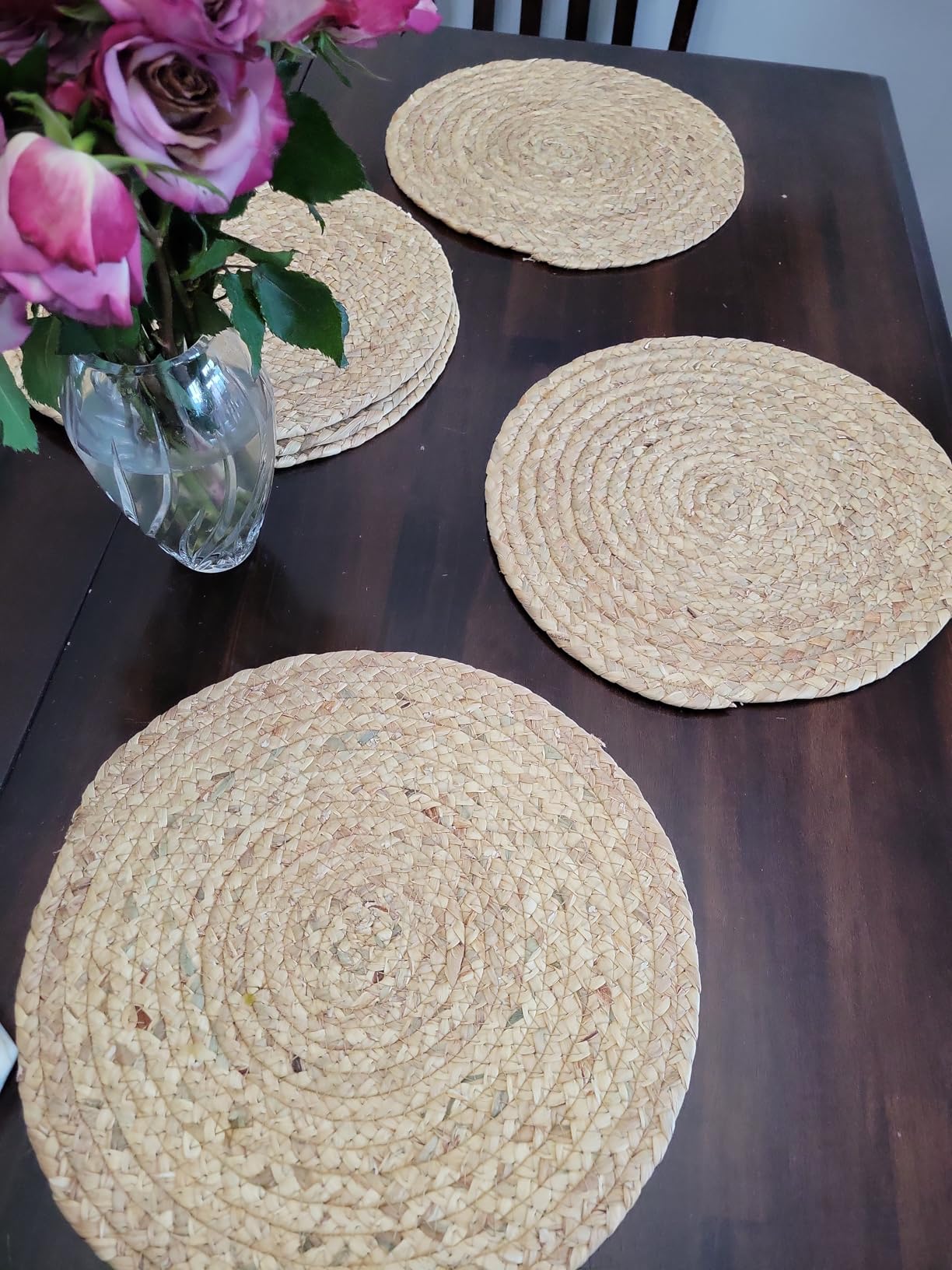 Round Woven Placemats Set of 4, Wicker Placemats for Dinner Plates | 13.5 Inch Natural Rattan Boho Style Braided Place Mats, Non-Slip, Heat Resistant, Dining Table Chargers with Bag for Storage customer photo 2