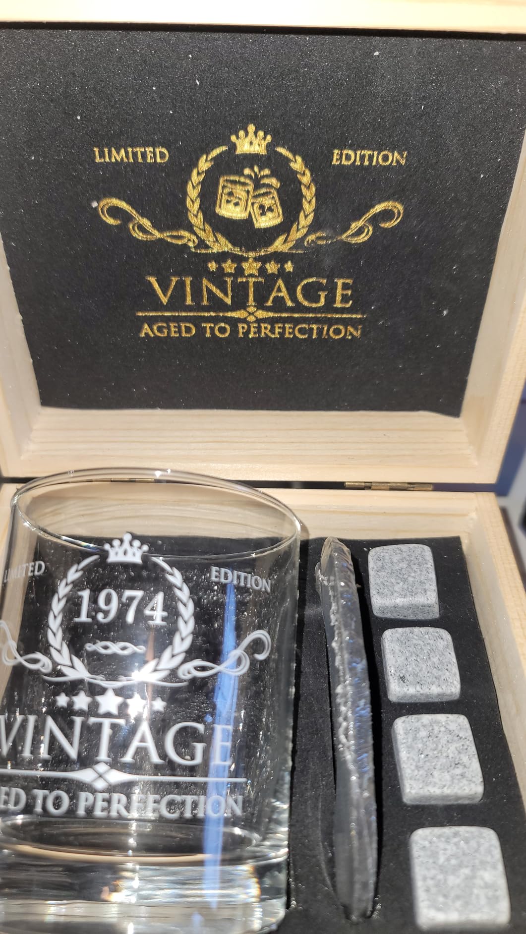 70th Birthday Gifts for Men Whiskey Glass Set - 70th Birthday Decorations, Party Supplies - 70 Years Anniversary, Bday Gifts Ideas for Him, Dad, Husband, Friends - Wood Box & Whiskey Stones & Coaster customer photo 2