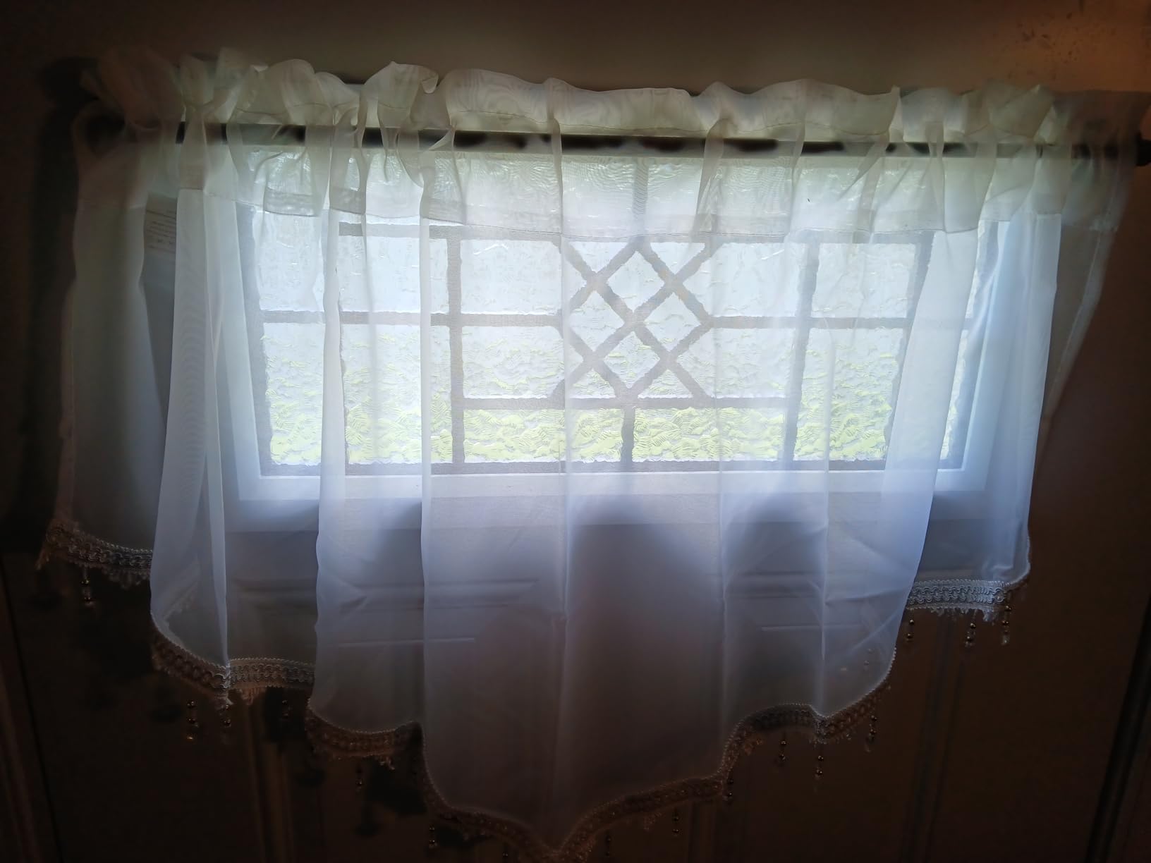 Beaded Sheer Valance Curtains for Living Room,Rod Pocket Farmhouse Window Valance, Bead Trim Tassel Voile Sheer Curtain Valance for Bedroom Bathroom Cafe 51x24 Inches (Dark Purple) 1PC customer photo 1