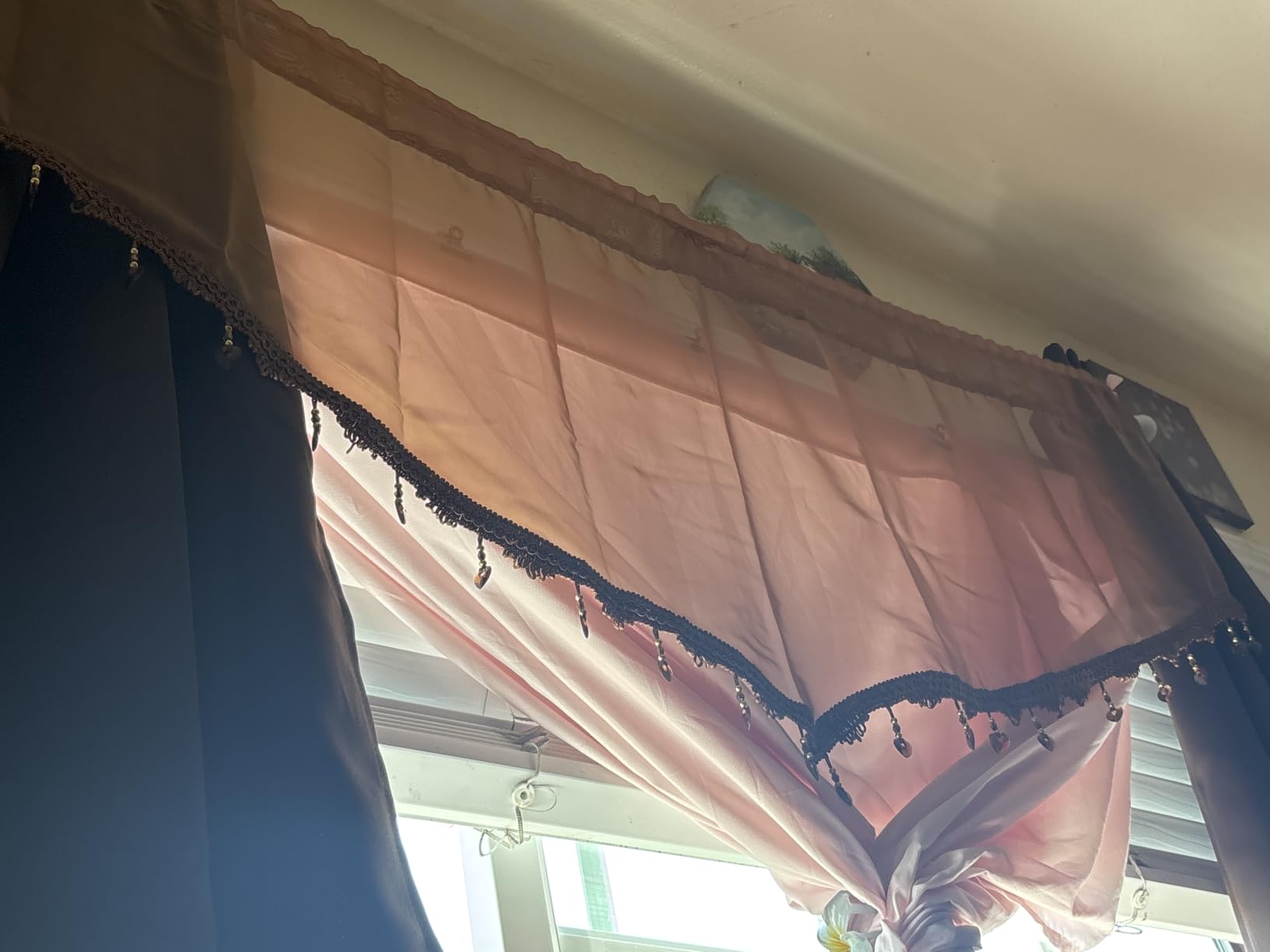 Beaded Sheer Valance Curtains for Living Room,Rod Pocket Farmhouse Window Valance, Bead Trim Tassel Voile Sheer Curtain Valance for Bedroom Bathroom Cafe 51x24 Inches (Dark Purple) 1PC customer photo 2