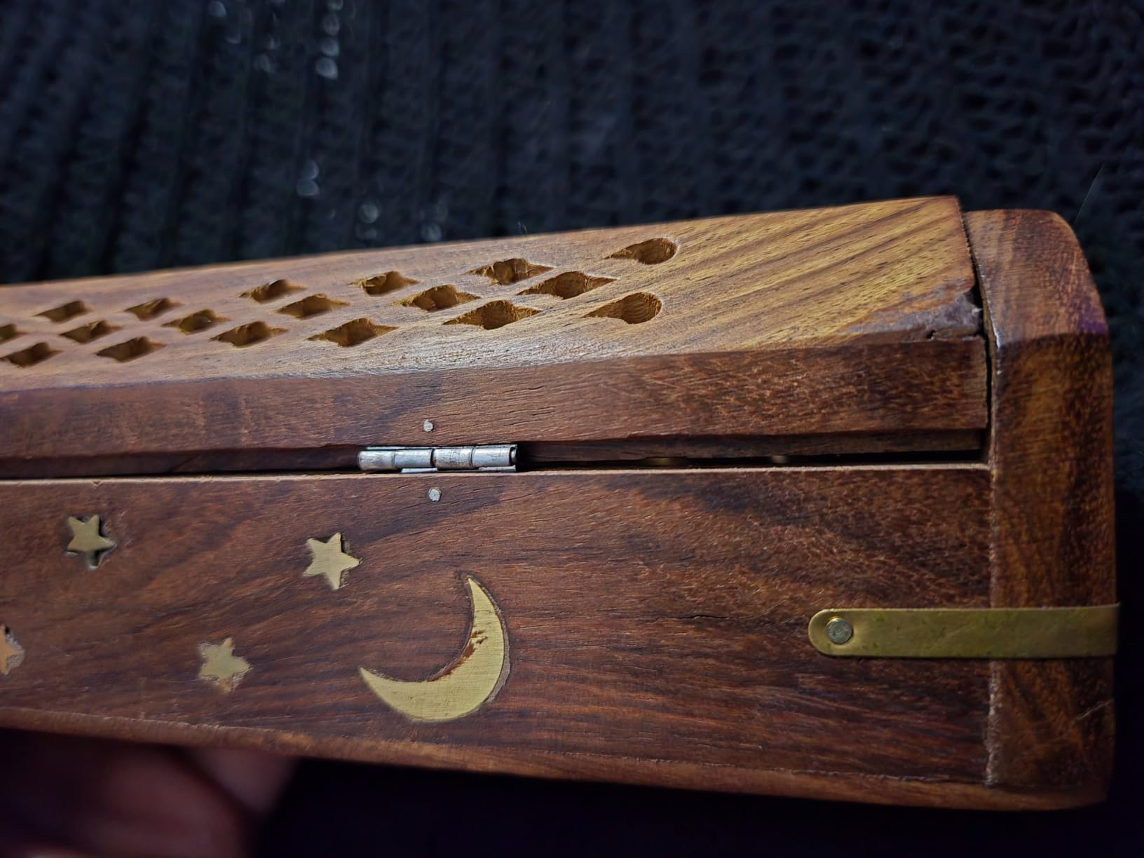 COTTON CRAFT Sheesham Wood Incense Burner Holder -Sun Moon Star Brass Inlay customer photo 1