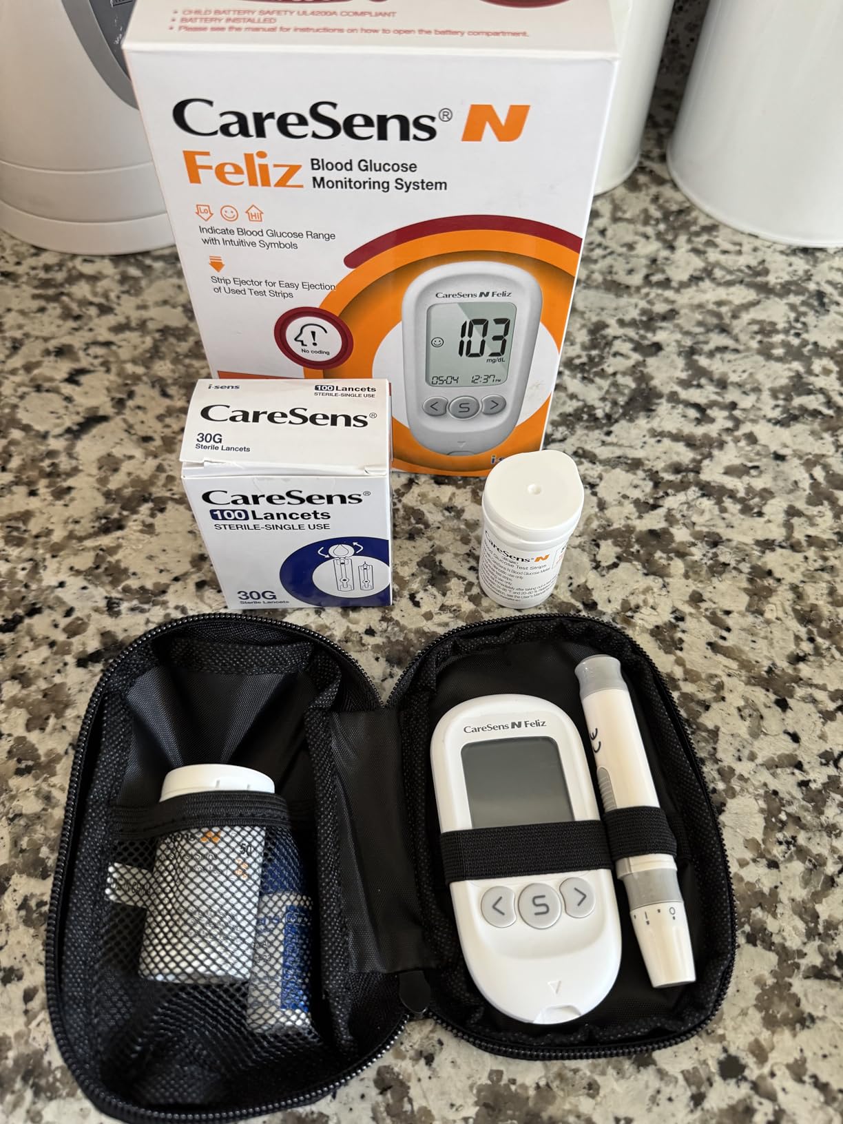CareSens N Feliz Blood Glucose Monitoring Kit with 100 Blood Sugar Test Strips, 100 Lancets, 1 Blood Glucose Meter, 1 Lancing Device, 1 Control Solution, Travel Case for Diabetes Testing Kit for Personal Use customer photo 1