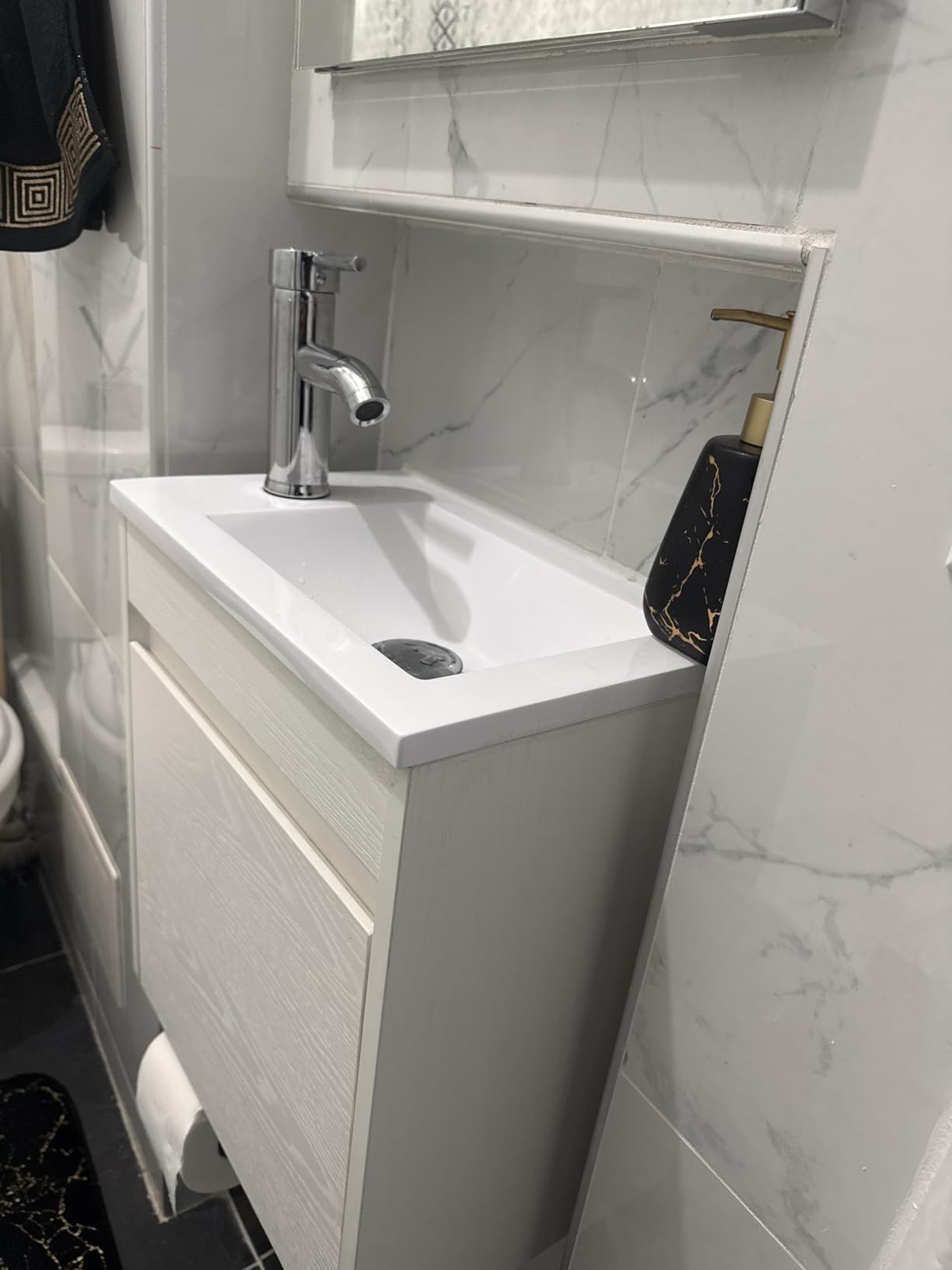 wonline 16” Bathroom Vanity Sink Combo for Small Space Wall Mounted Cabinet Set Design White Resin Basin Sink Top Chrome Faucet Wood Color customer photo 2