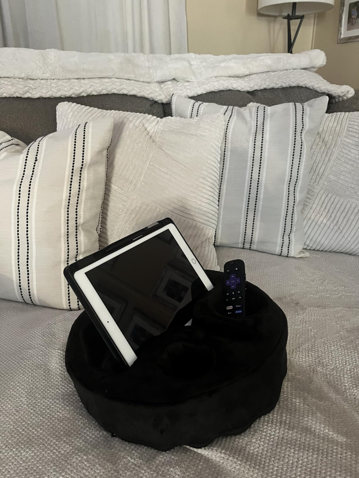 Xchouxer Couch and Bed Cup Holder Pillow, Sofa Organizer Caddy for Drinks, Remotes, Phones, Snacks (Beige) customer photo 2