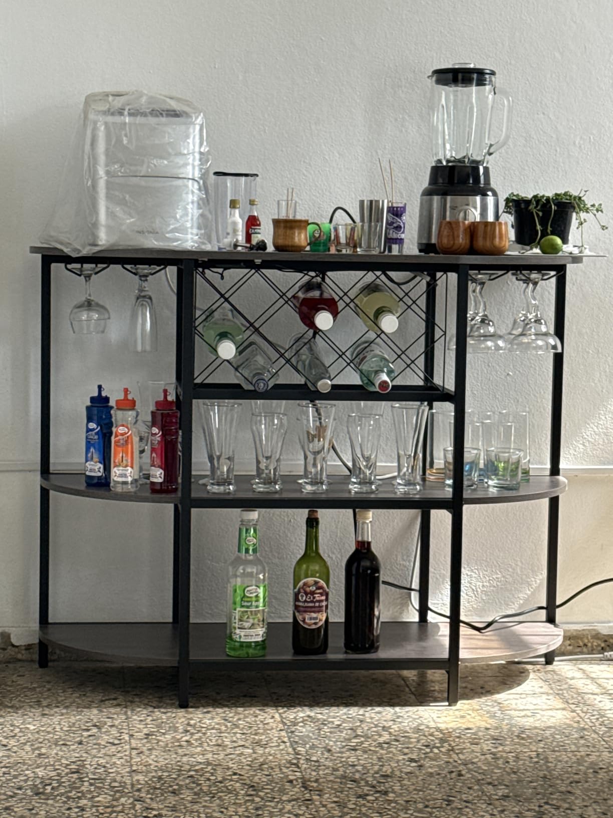 Zarler Bar Cart with Power Outlet Easy to Assemble, LED Home Bar Cabinet for Liquor, 47.3