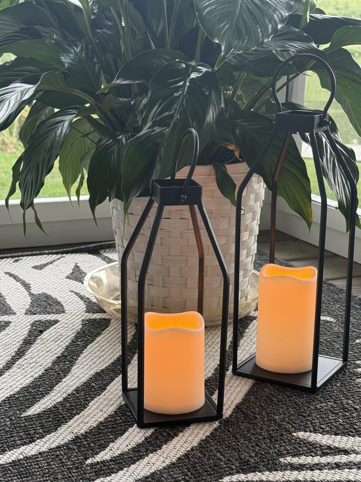 Perfnique Modern Farmhouse Lantern Decor, 15'' 13'' Set of 2 Black Metal Lantern, 2 LED 6hr Timer Flameless Candles & Remote Timer, Lanterns Decorative for Outdoor, Home, Indoor, Patio, Christmas customer photo 1