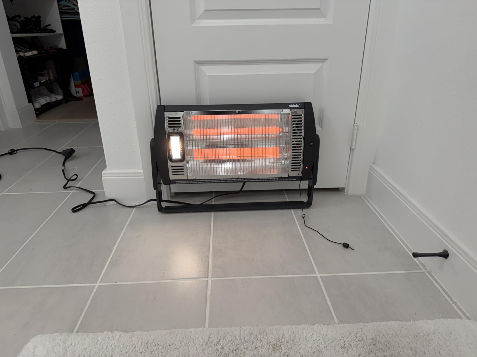 Shinic 2 Packs Electric Garage Heaters, 1500W/750W Ceiling Mounted Heater Radiant Heaters with Halogen Light, 90 Degree Rotation, 5 Mode Settings, Space Heater for Garage, Shop, Large Room and Patio customer photo 2